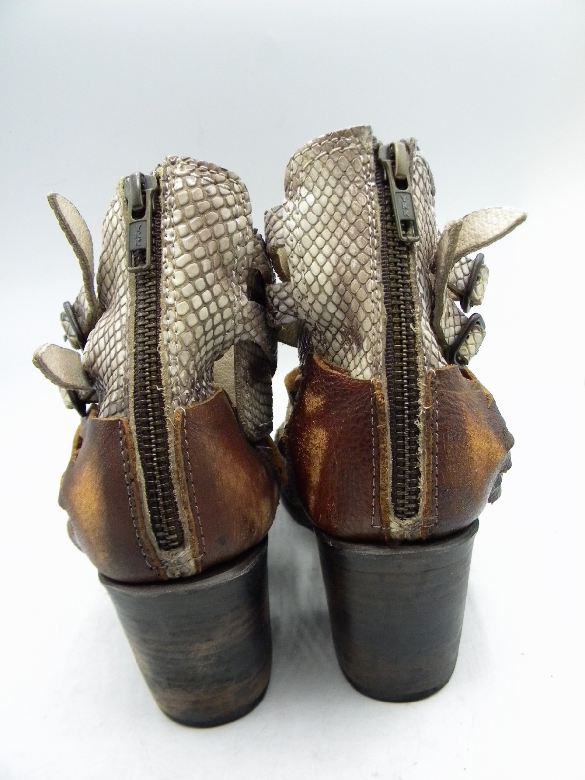 FREEBIRD by Steven Nest Snake Print & Brown Leather Block Heel Sandal Sz 9