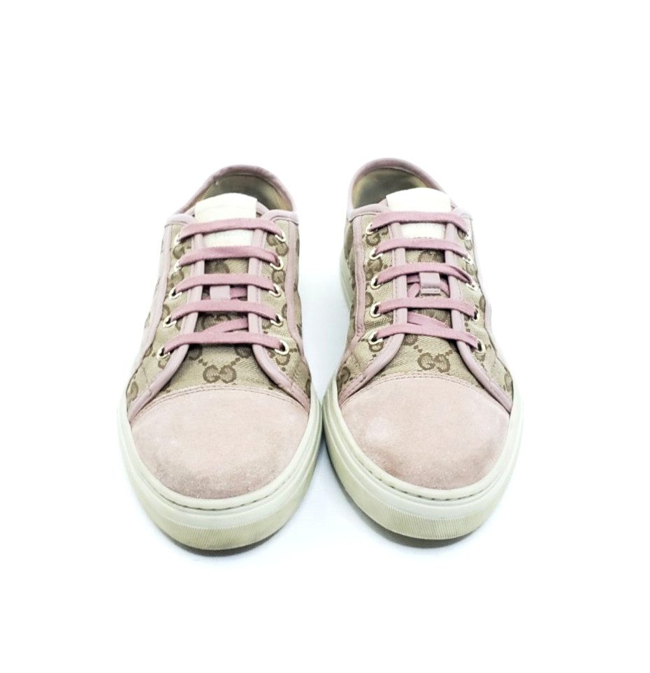 Gucci GG Canvas Low Top Sneakers Pink Suede Lace Up Womens EU 39 US 9