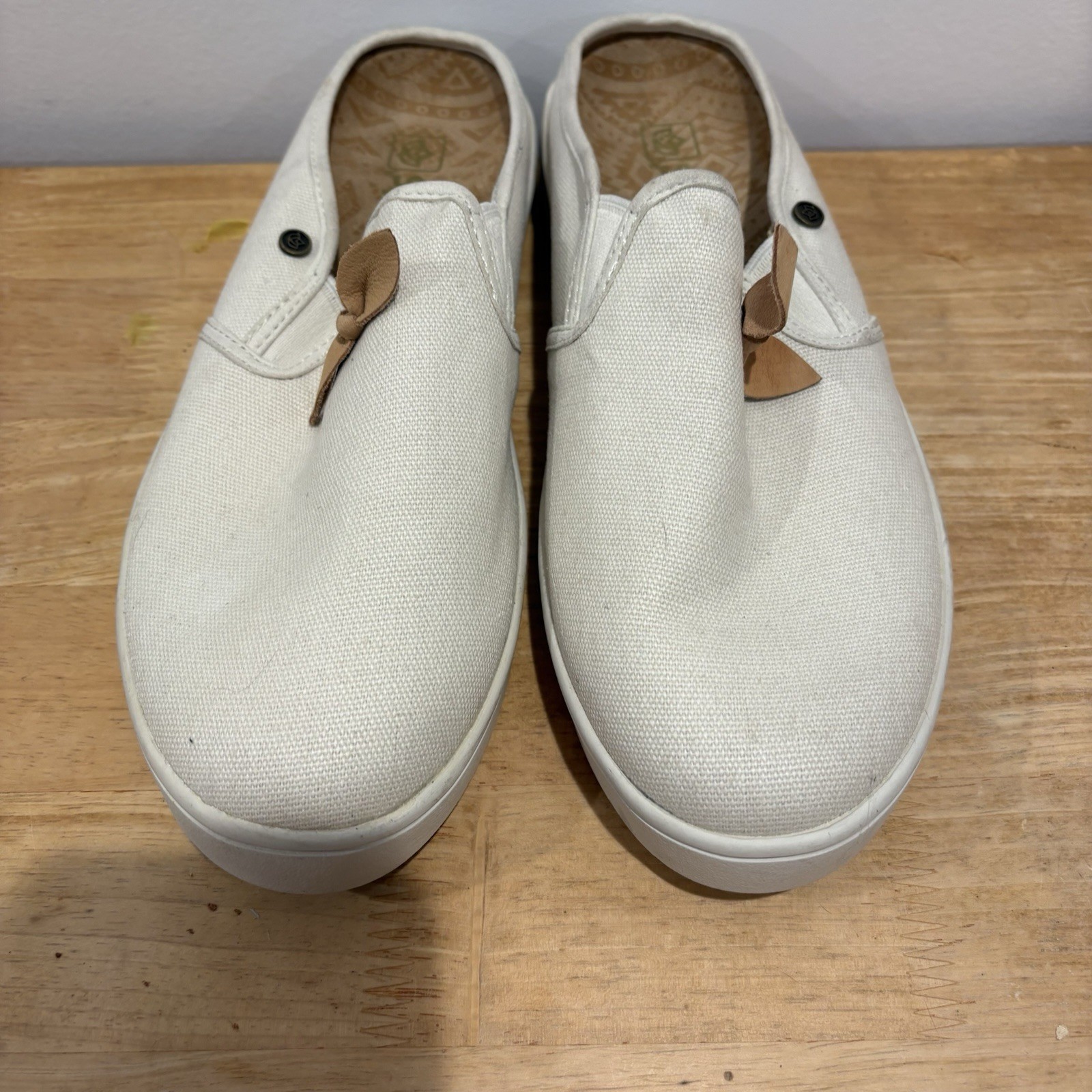 Spenco Audrey Canvas Slide Mules Slip On Women’s Size 8.5 D Beige Bows