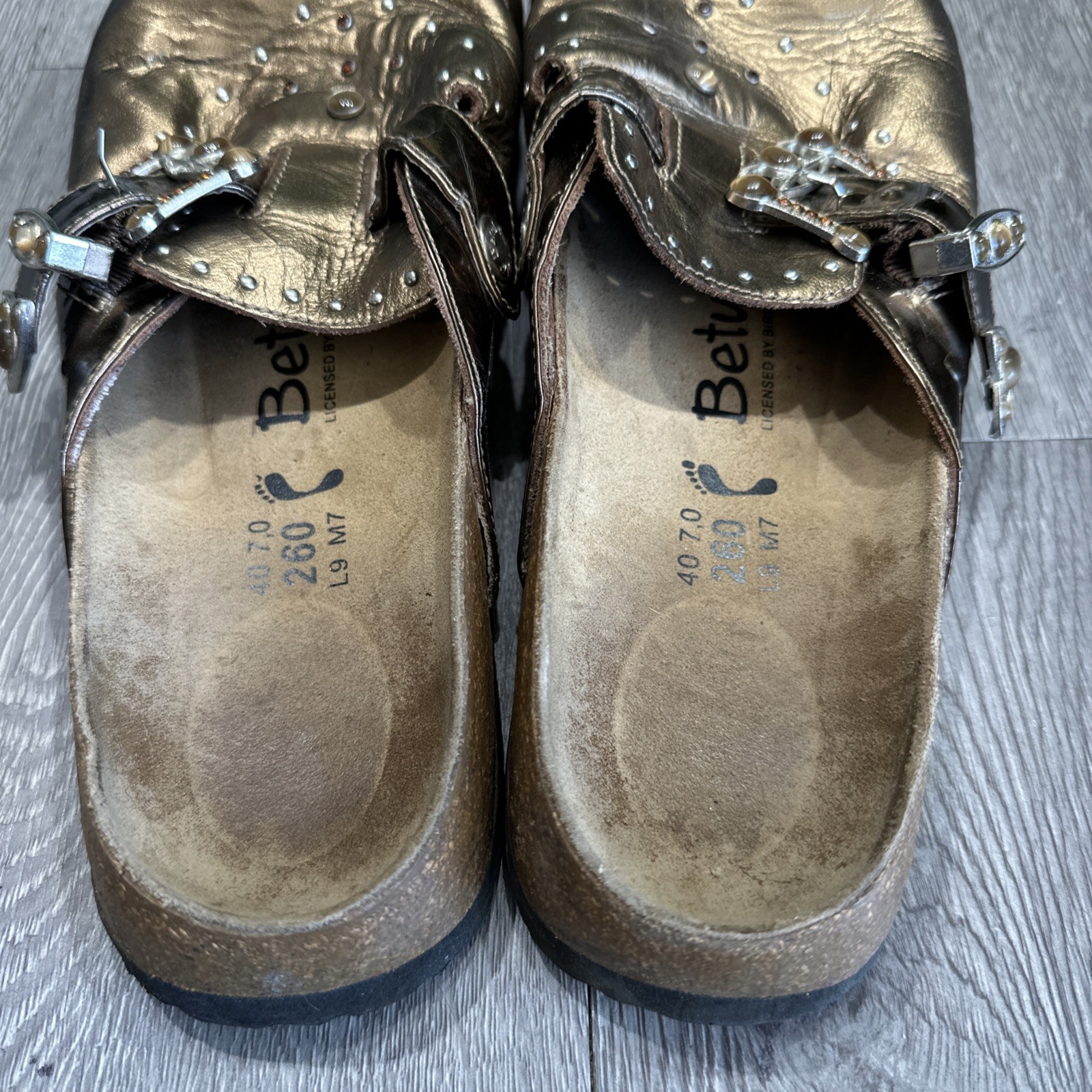 Birkenstock Betula Boston Clogs Rocko Gold Leather Buckle Rhinestones Sz 9