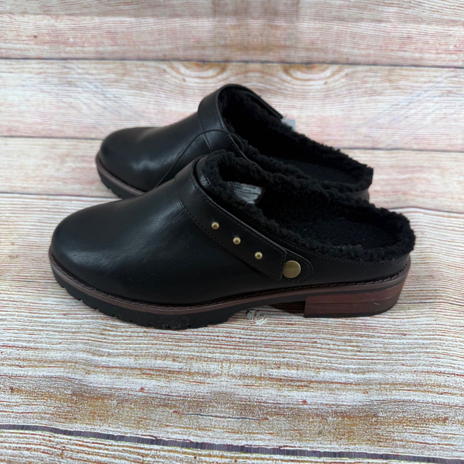 Kensie Wrylie Black Faux Leather Faux Fur Lined Lug Sole Clogs Mules KS252500 8