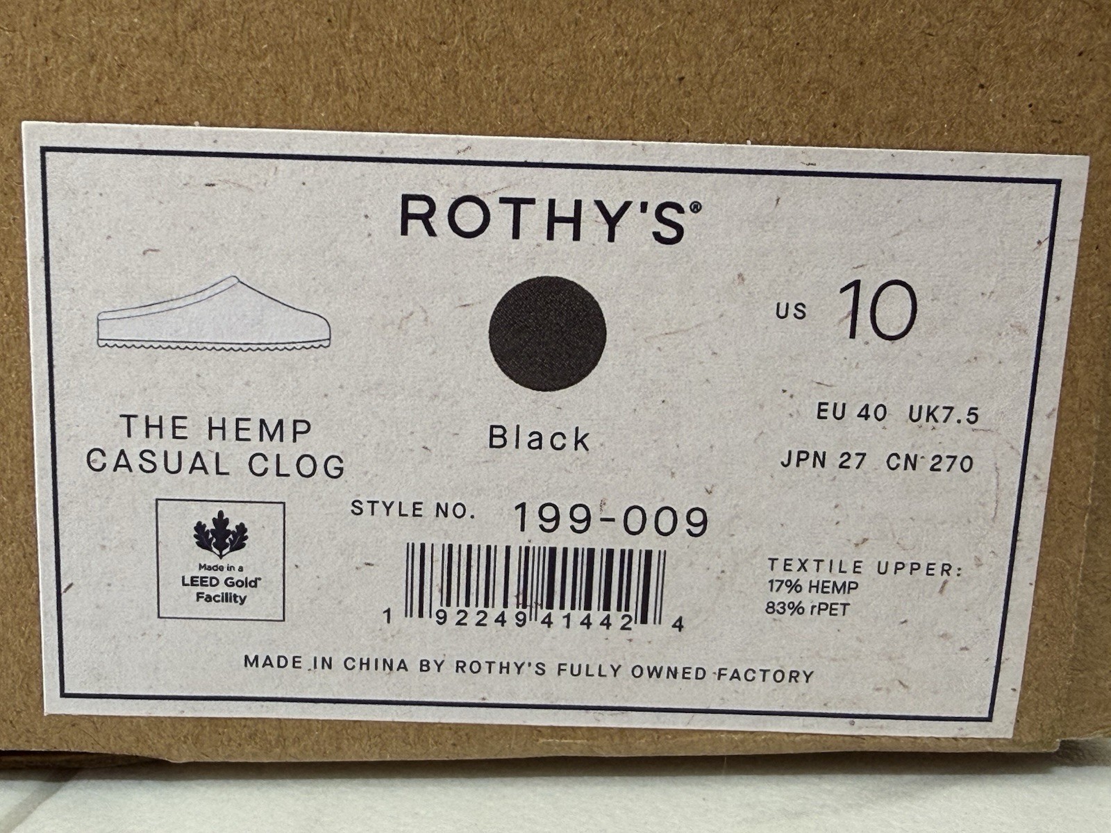 Rothy’s The Hemp Casual Clog Women’s Size 10 Black Slip-on 199-009 NEW IN BOX