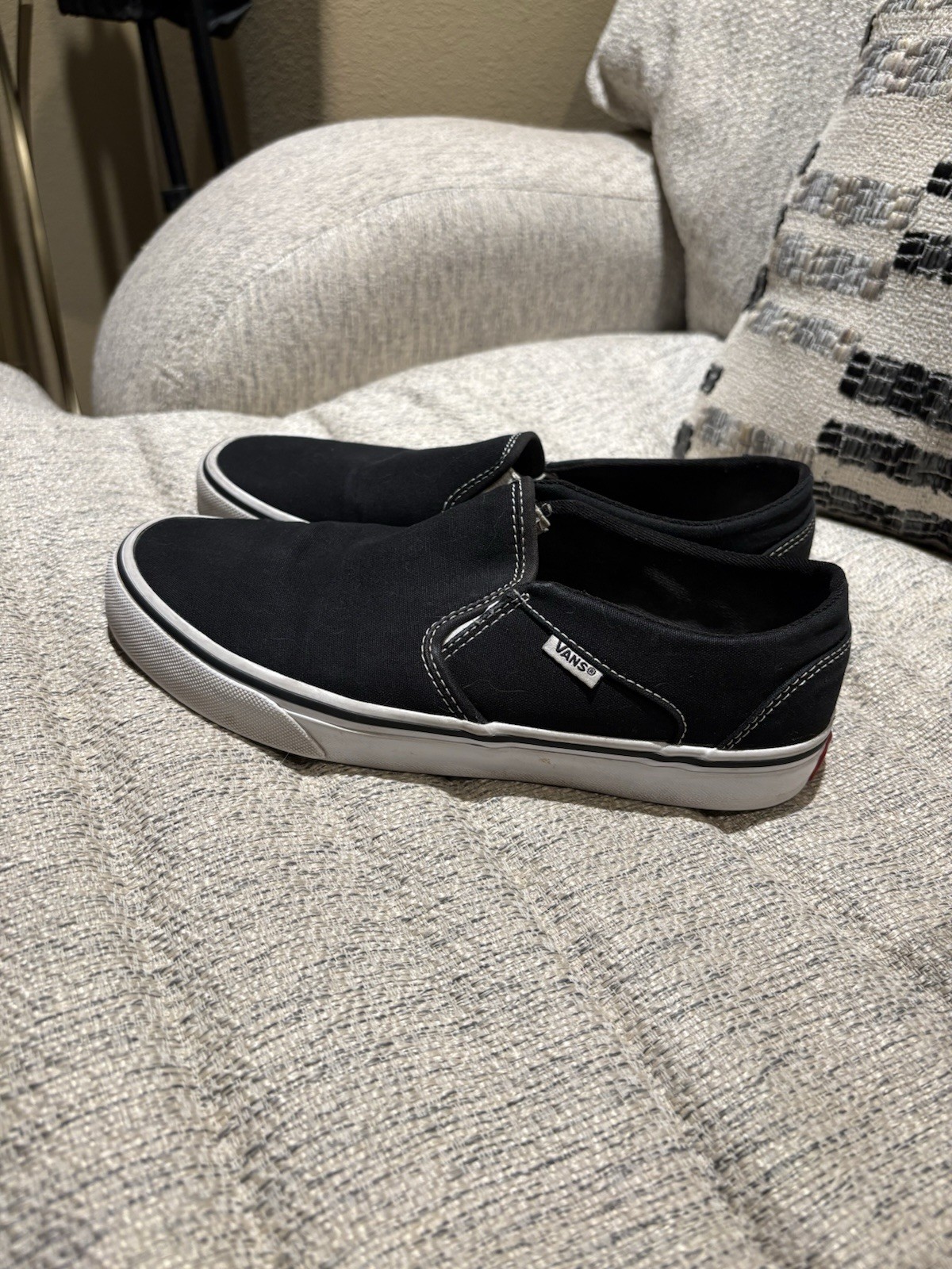 Womens Slip On Van Shoes Size 8.5 Black & White In Good Condition Pre-Owned
