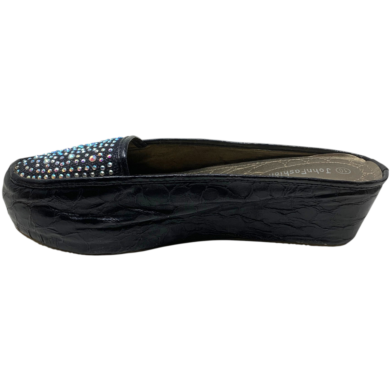 John Fashion Black Rhinestone Mule Slides Flatform Sparkle AB Crystal Sz 10