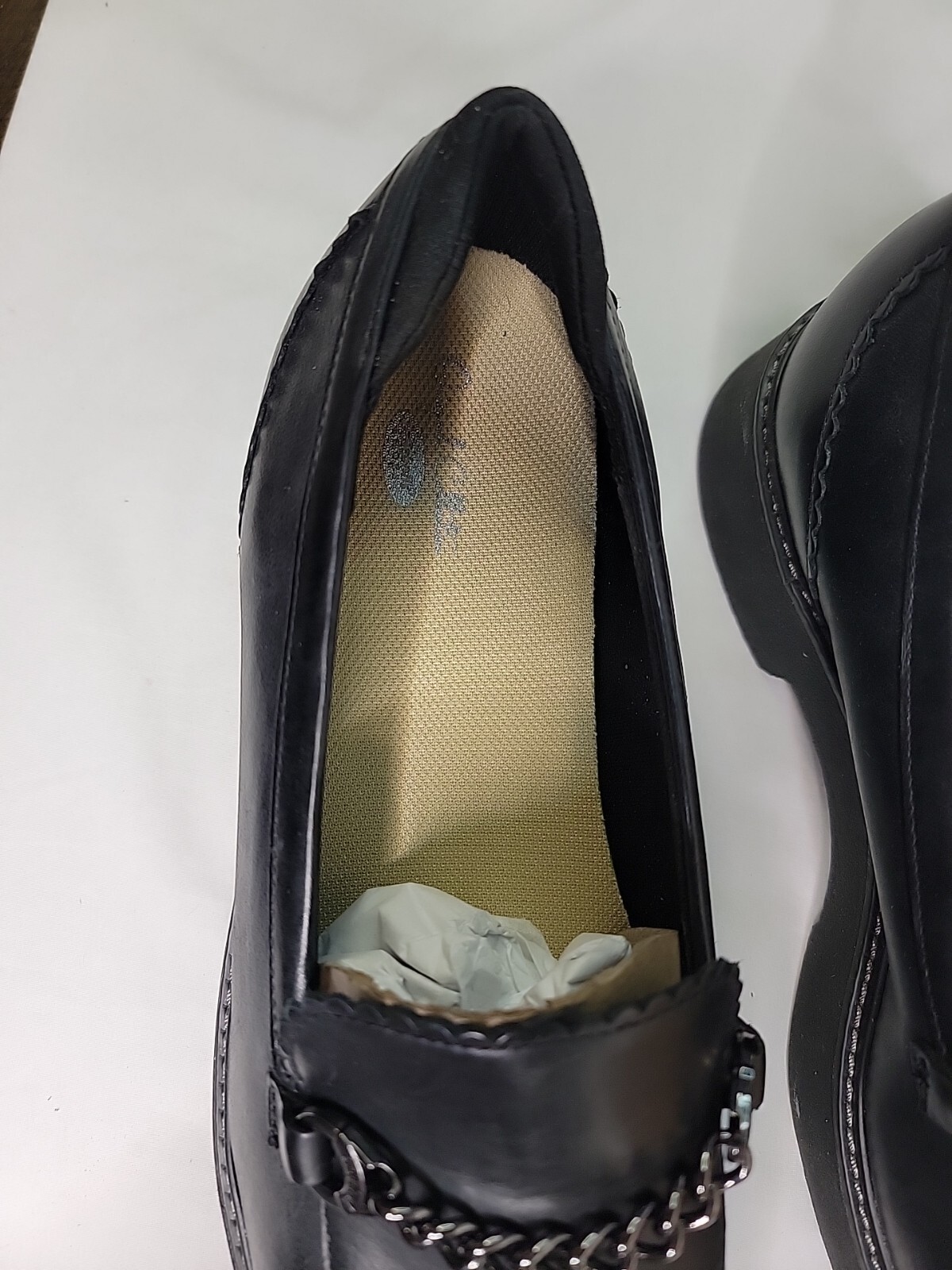 Dr Scholls Venus Black Leather Womens Loafer Size 9.5 With Chain Detail