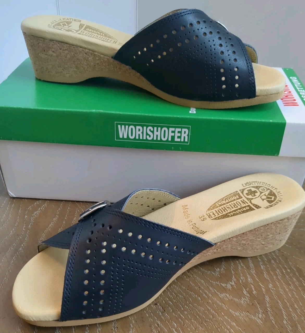 Worishofer 251P Women’s Navy Blue leather Cork Wedge Slide Sandal US 8.5 Eur 39
