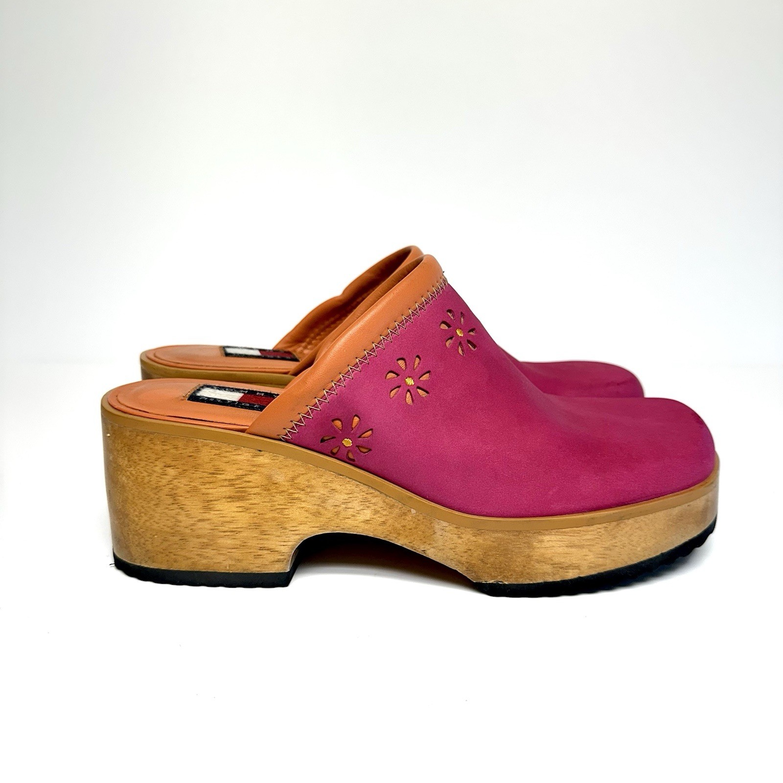Vintage Tommy Hilfiger Y2K Hot Pink Leather Platform Clogs Mules Cutout Women 9