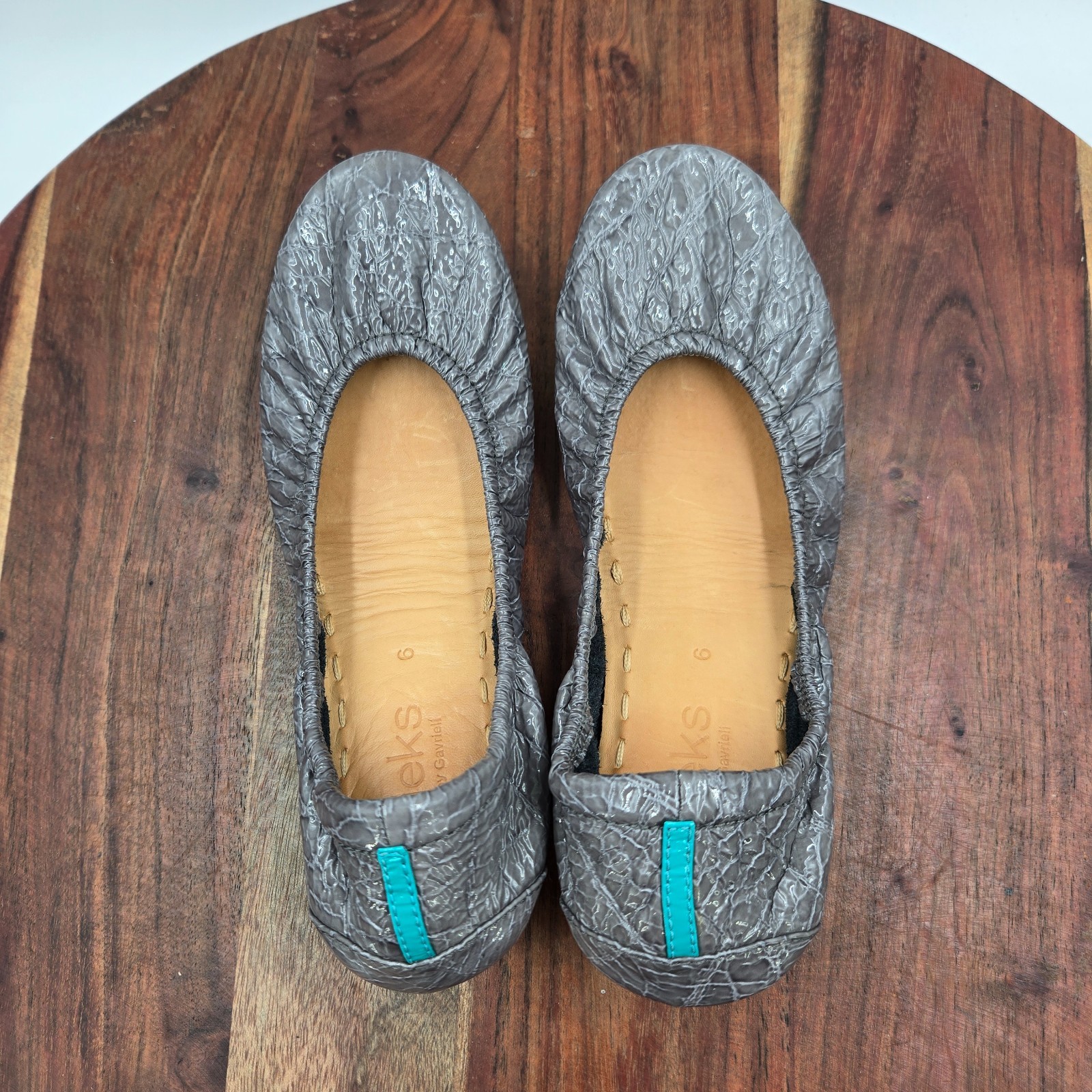 Tieks Ballet Flat Shoes Womens 6 Slate Grey Croc Patent Leather Loafers Foldable