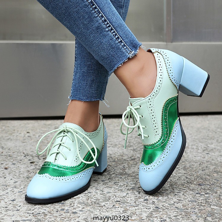 Womenn’s Colorblocks Splicing Patchwork Mid Chunky Heel Wing Tip Shoes Oversize