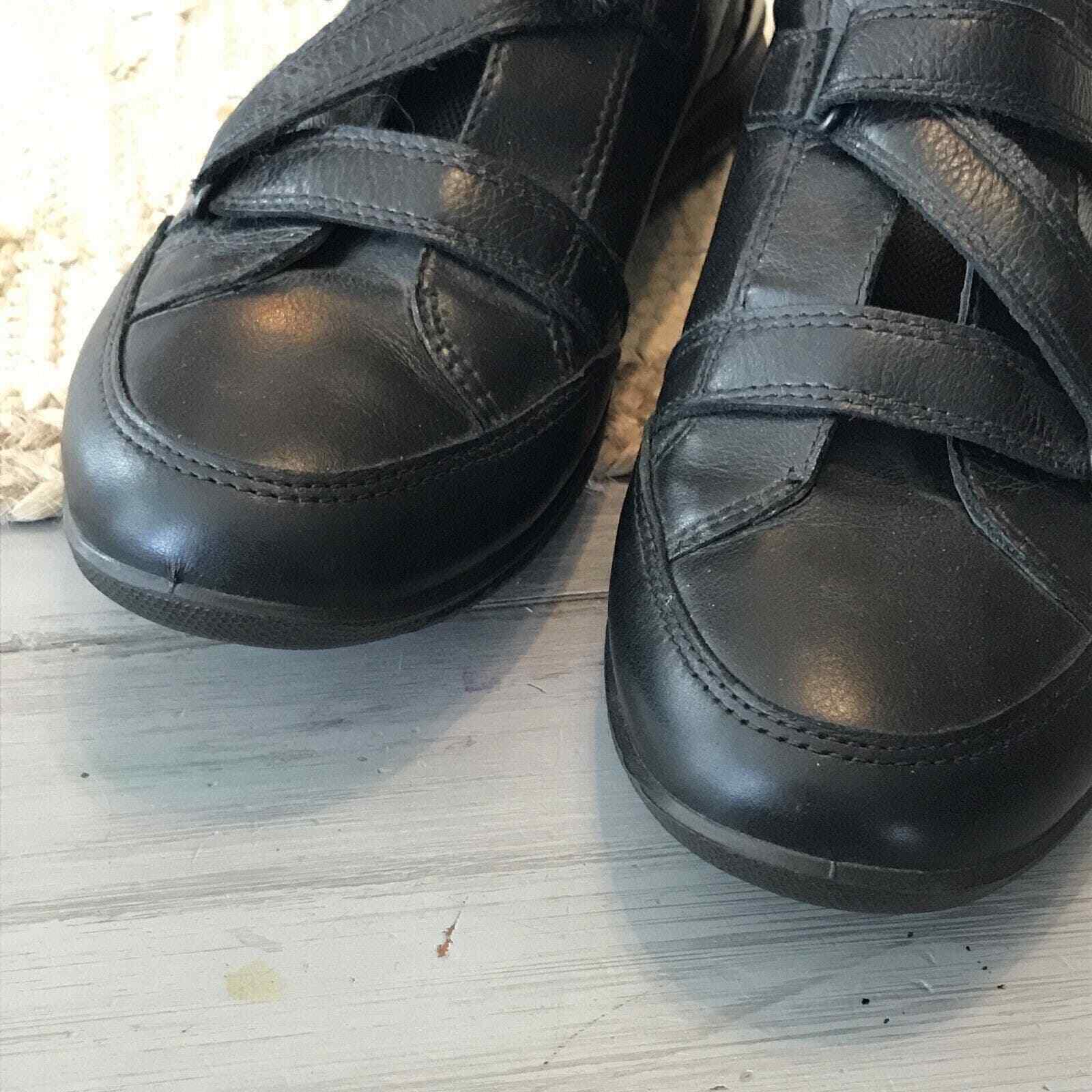 ECCO Oxford Sneaker Shoes Black Leather Hook And Loop Bicycle Toe Sz EU 39 8 8.5