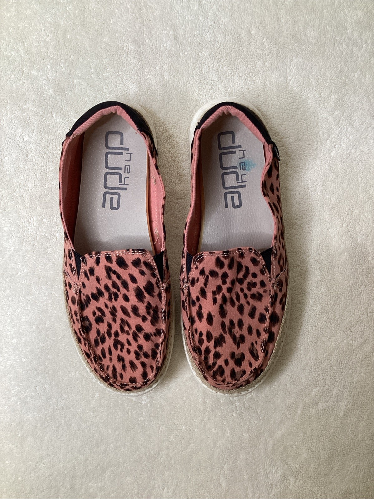 Hey Dude Lena Leopard Rose Loafer Shoe, Women 6, Pink Spotted Twine Rope