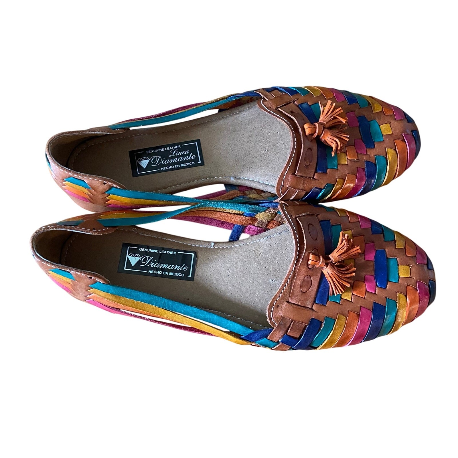 Women’s Slip On Sandal, Leather, 6.5, Tan/Multi colors, Made in Mexico, Size 6.5