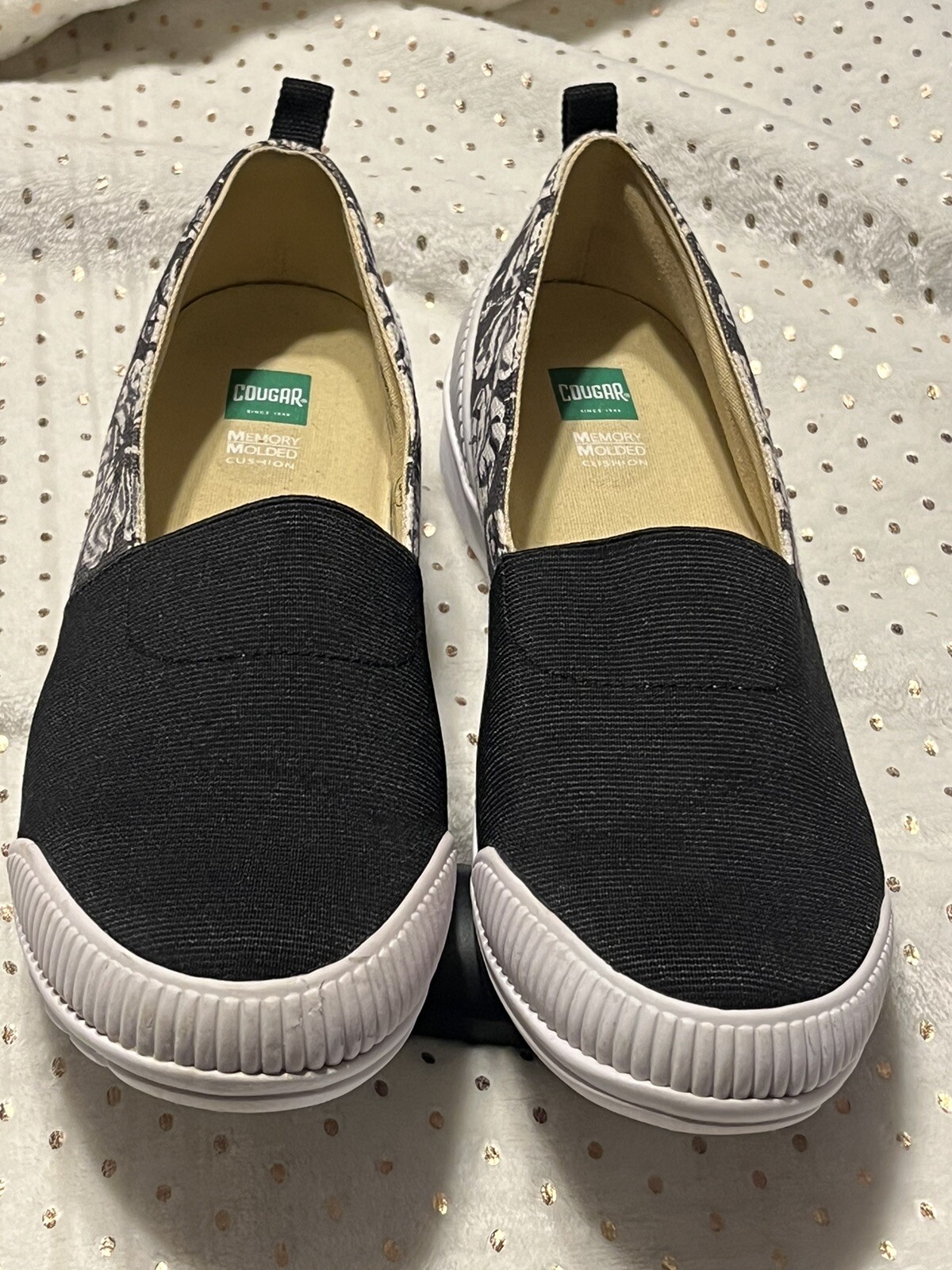 Cougar Sparkle SlipOn Shoe Comfort Black White Floral Casual Sneaker Women Sz 8M