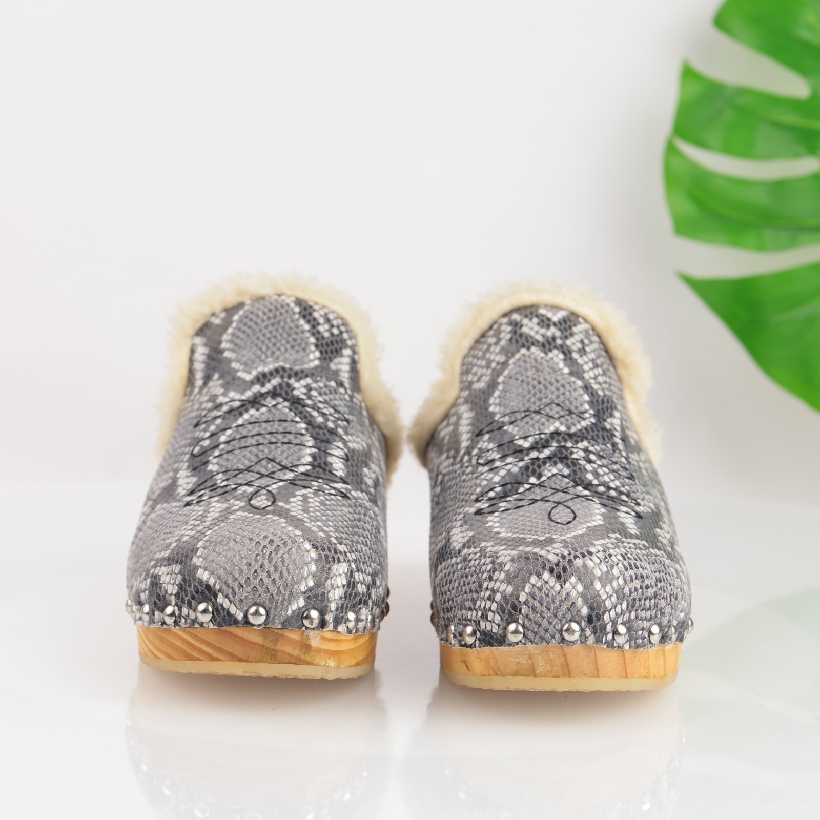 Anthropologie Pilcro Womens Clog Size 10 Gray Snake Wooden Heel Sherpa Shoe Mule