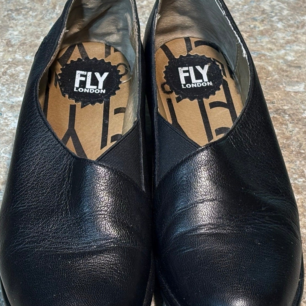 Fly London Black Peso Wedge Classic Comfort Leather Slip on Shoes Size 40