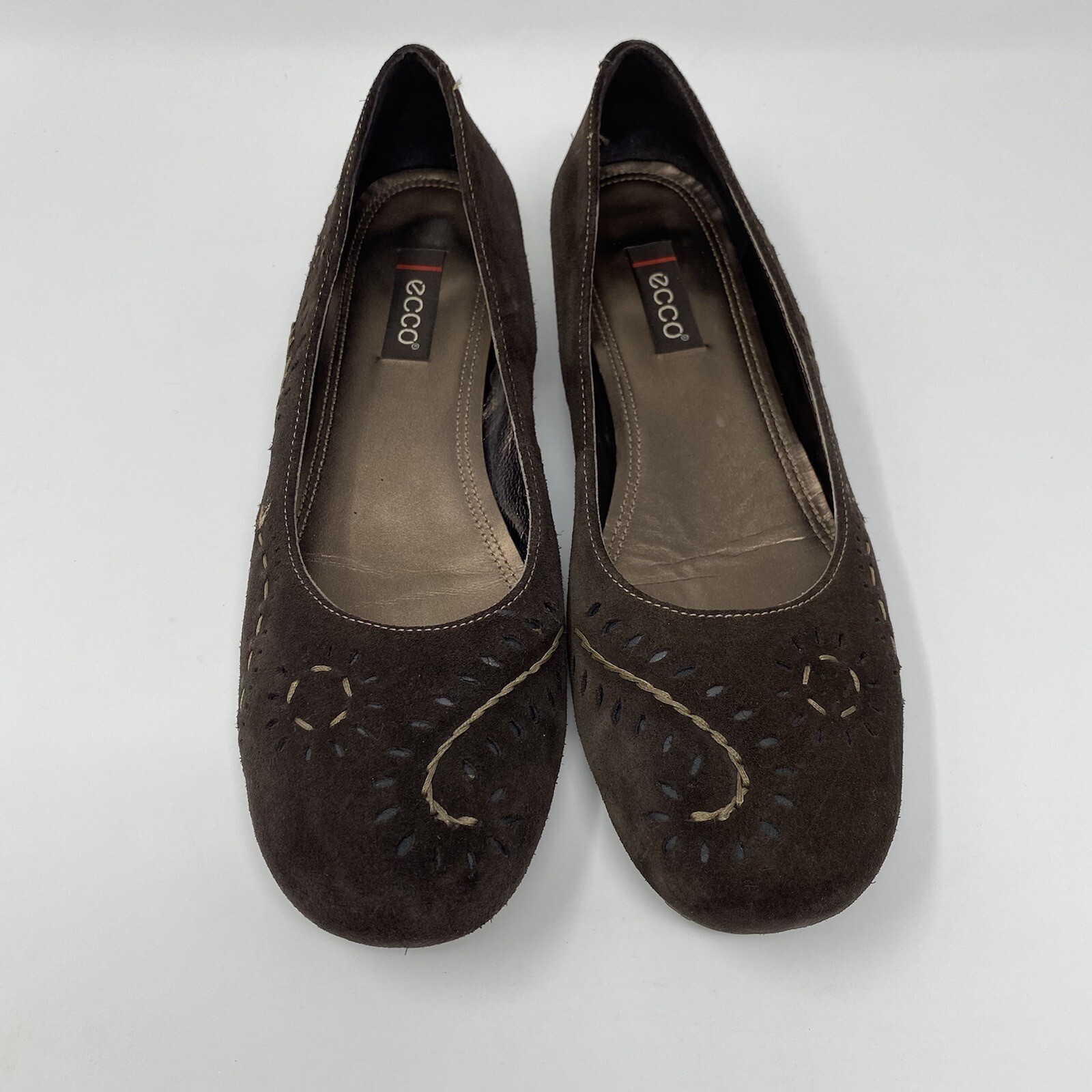 ECCO Brown Suede Stitched Embroidered Comfort Ballet Flats EUR 42