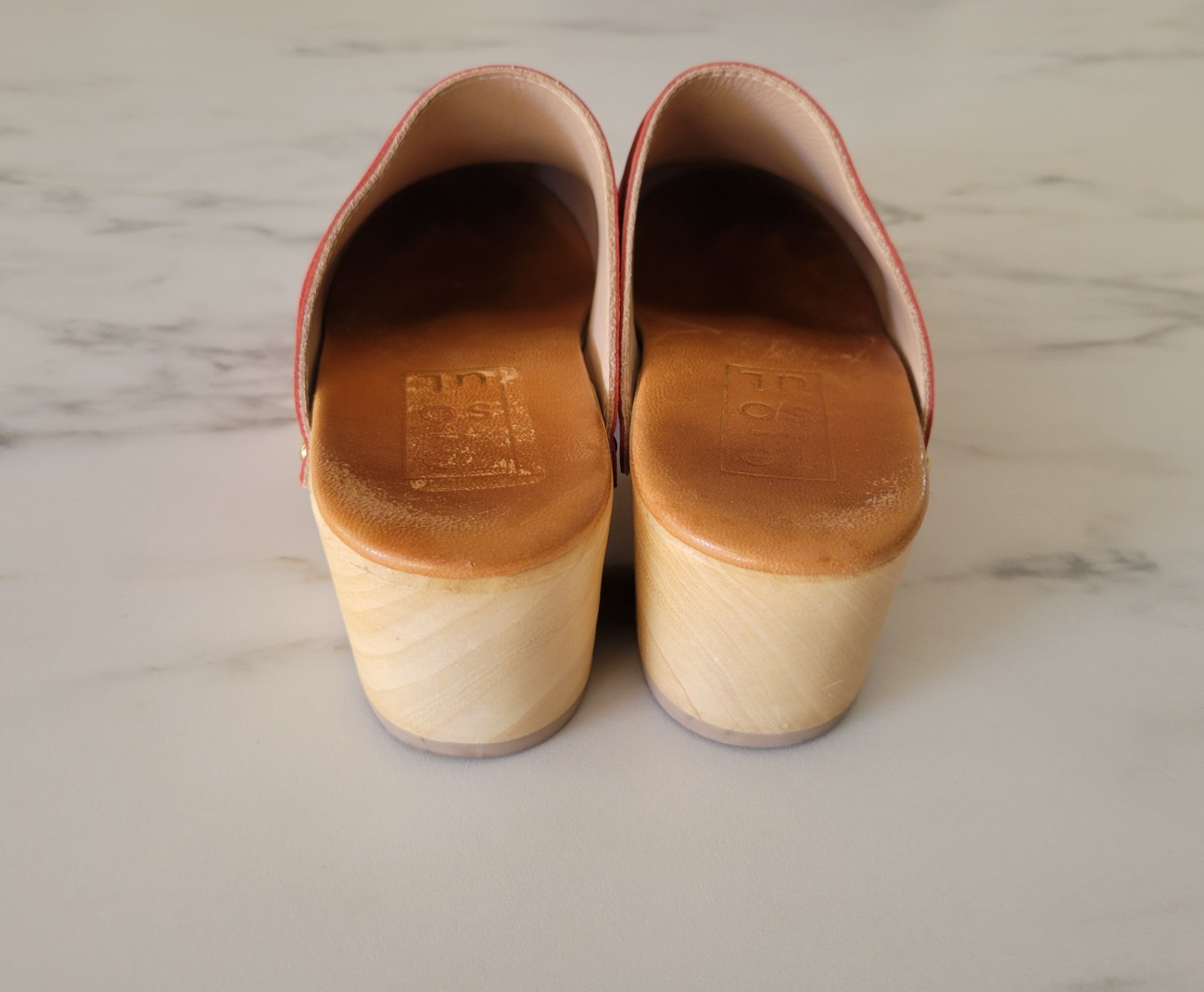 re-souL Red Leather Wooden Clog Mules Italy Womens Size 36 US 5.5 6 Open Back