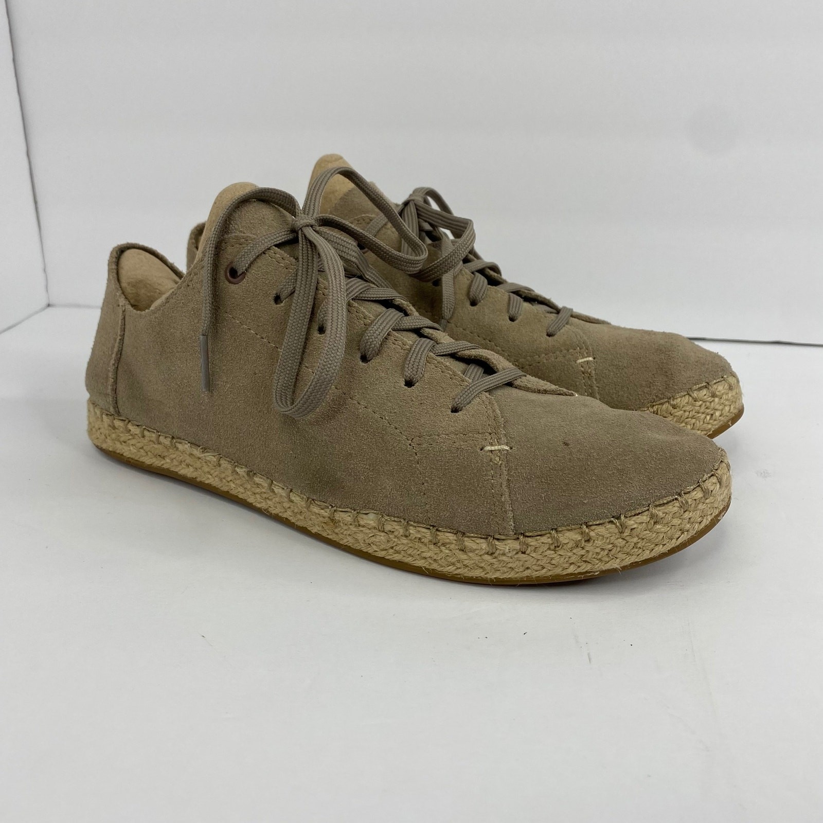 TOMS Lena Desert Taupe/Beige Suede Leather Espadrille Lace Up Womens 8.5 Shoes