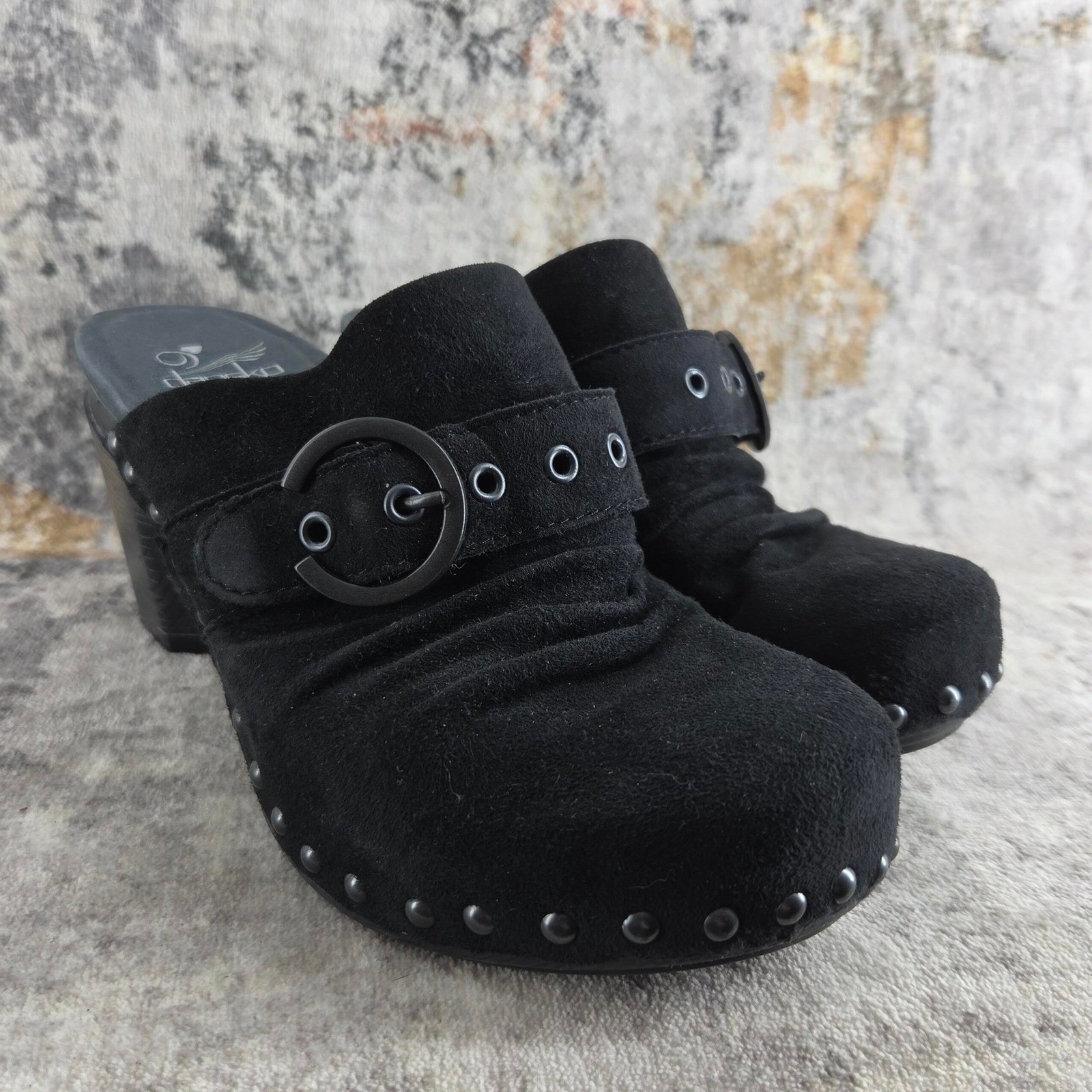 Dansko Black Suede Studded Clog Mules Womens EU 36 Buckle Strap Heels Boho