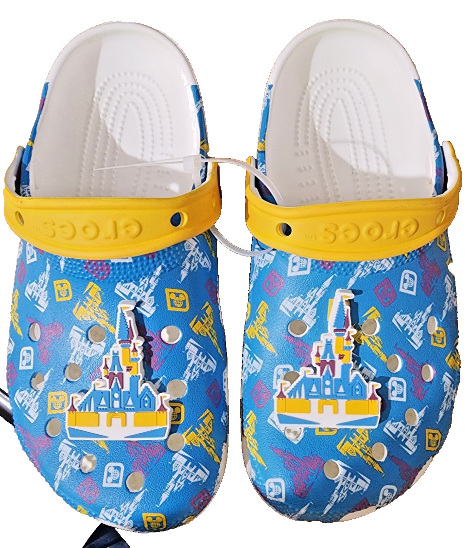 Crocs size M5 W7 blue white yellow pink clogs with Walt Disney World castle