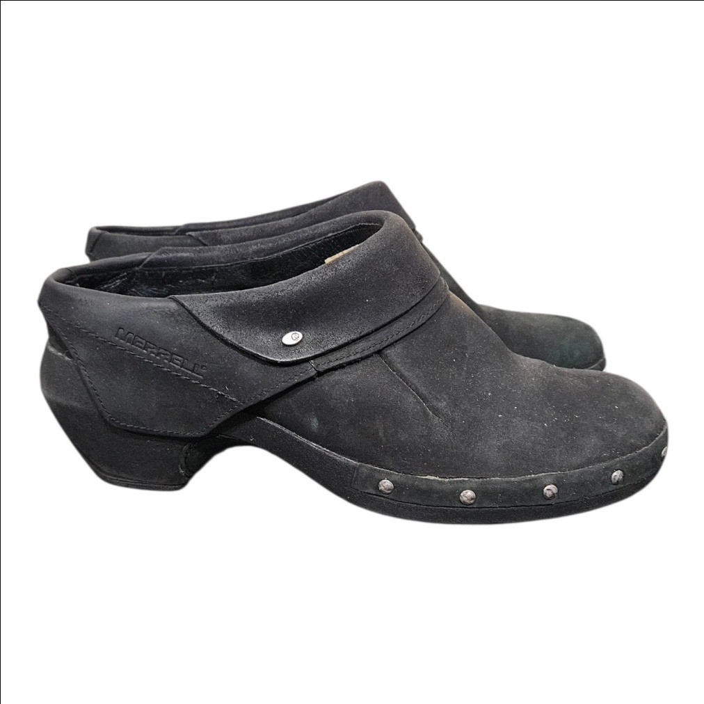 Merrell Black Leather Studded Clogs Womens 8.5 Slip On Comfort Shoes Block Heel