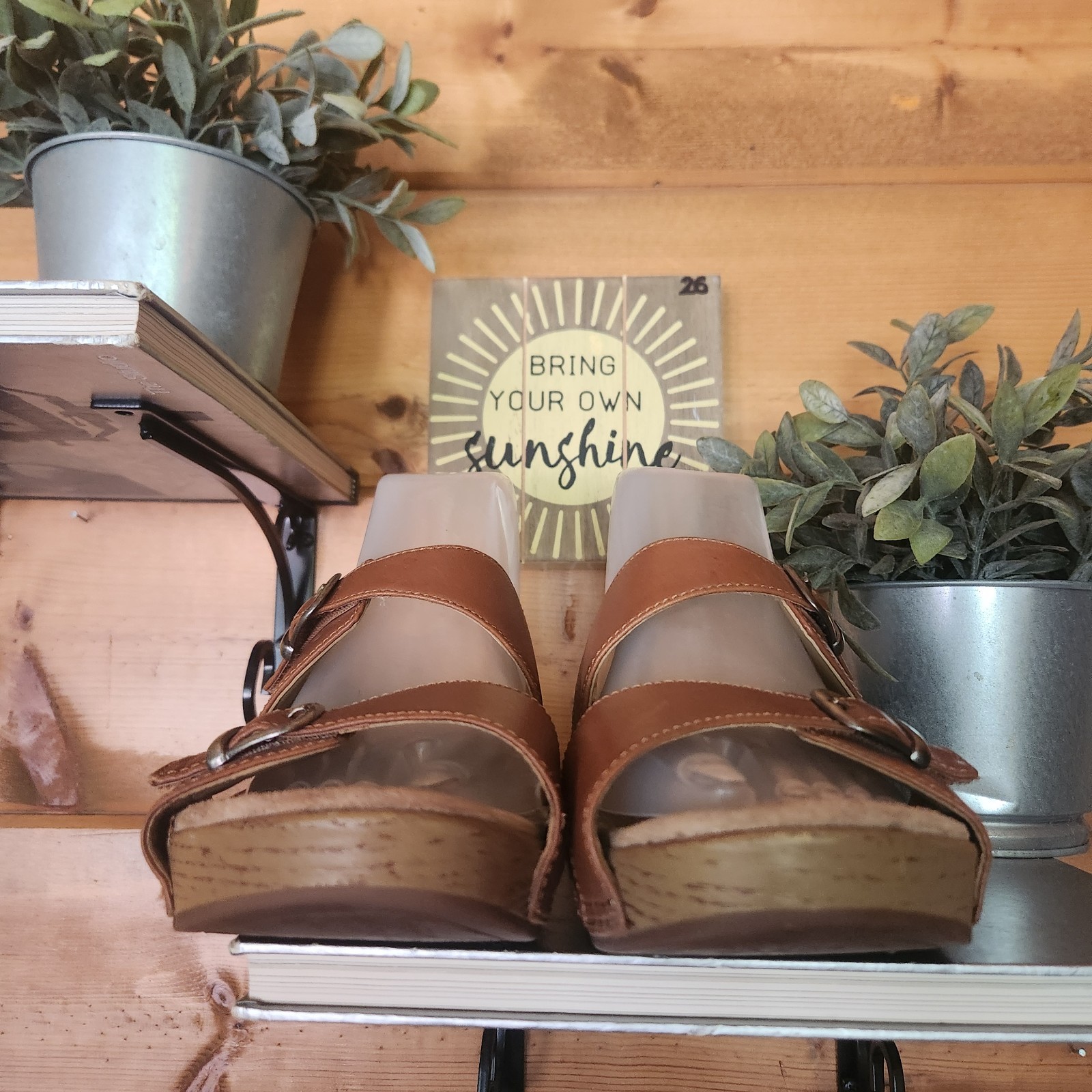 Dansko Leeann Chestnut Leather Adjustable Slide Comfort Wedge Heel Sandal Sz 39