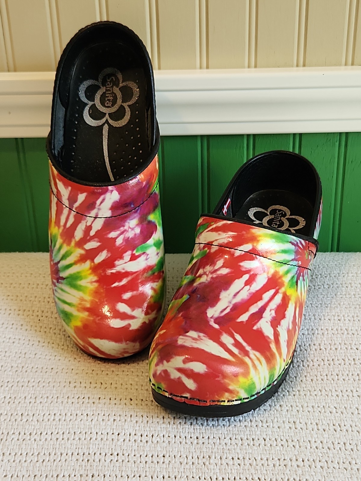 Sanita Tye Dye Waterproof Clogs Size 37 / 7 Danish Hard soles Black The Original