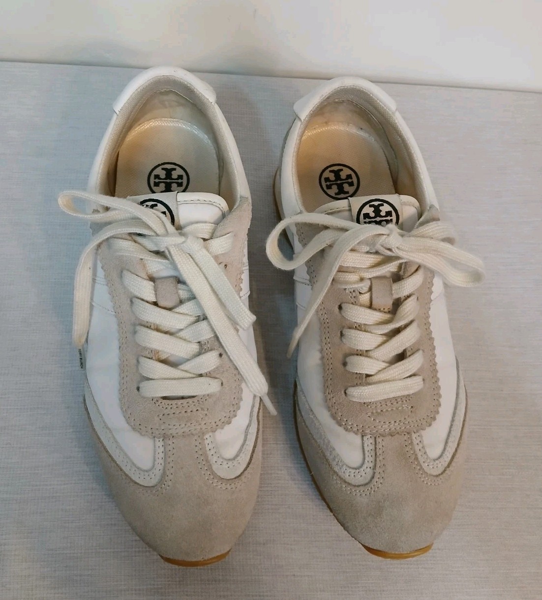 Tory Burch Hank Leather Suede Sneaker Womens 6 Snow White Beige Gum Lace