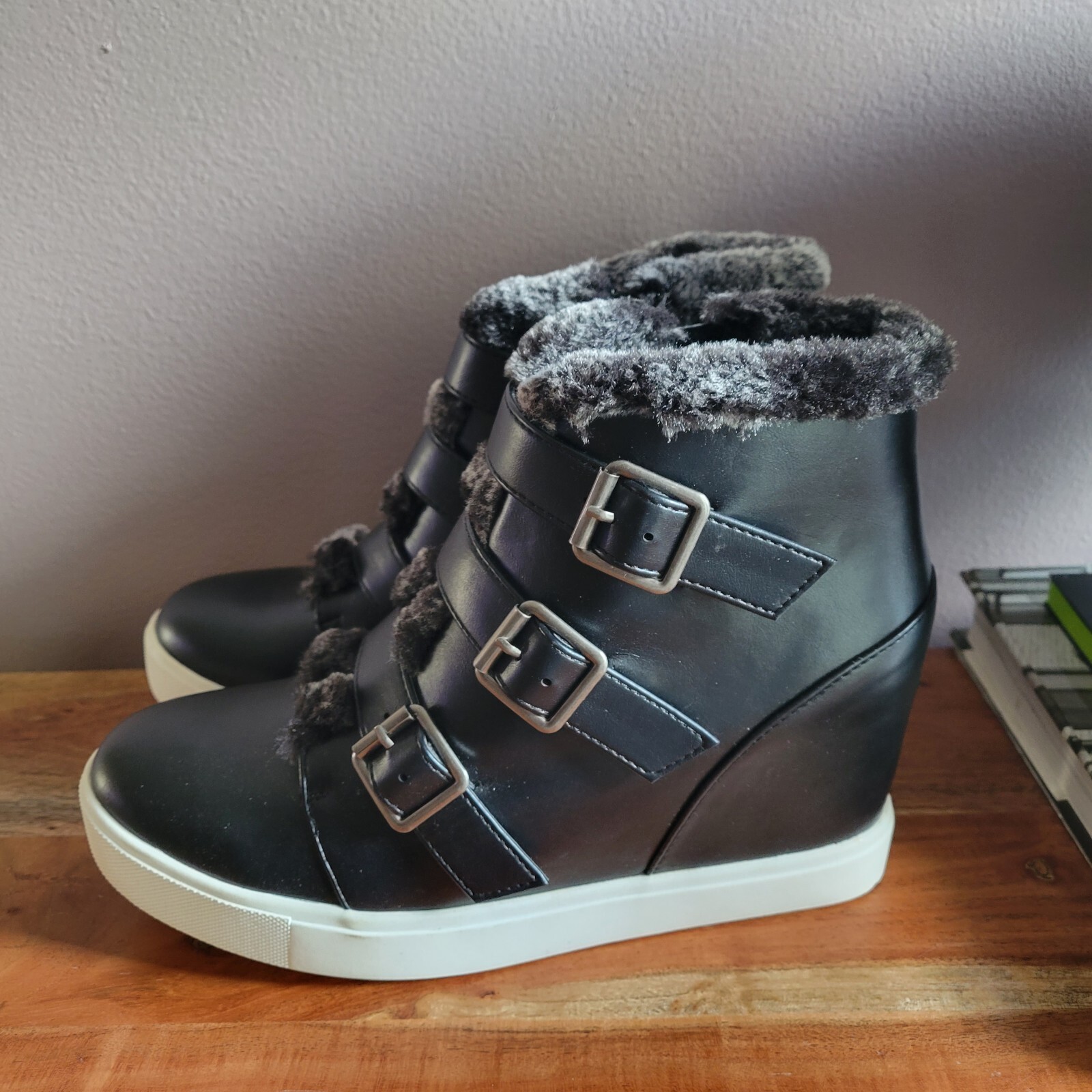 Brand New No Box Coconuts by Matisse Black Buckle Sneaker -Fuzzy Women Size 8