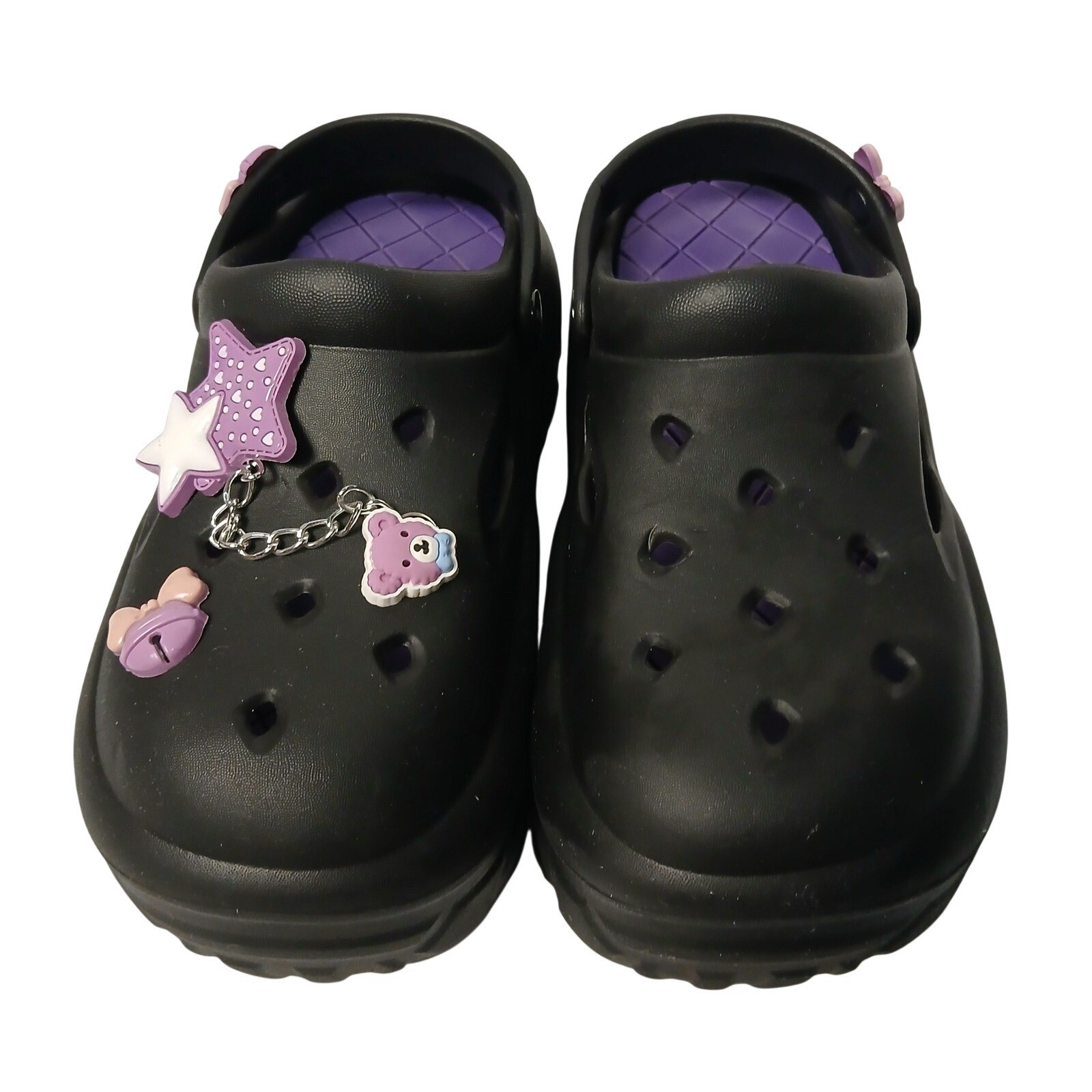 Belce Women Platform Clogs Black Purple Charm Bear Star Chunky Size 39-40 US 8-9