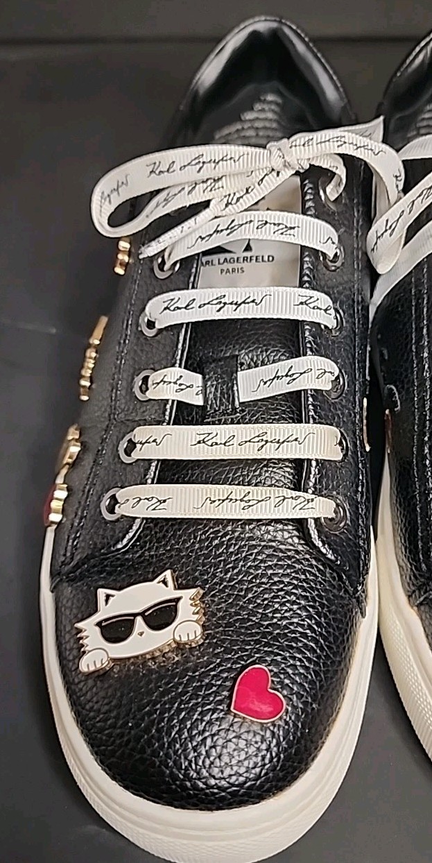 Karl Lagerfeld Women’s Size 7.5 Black Cate Pins K22 Tennis Shoes Charms Leather