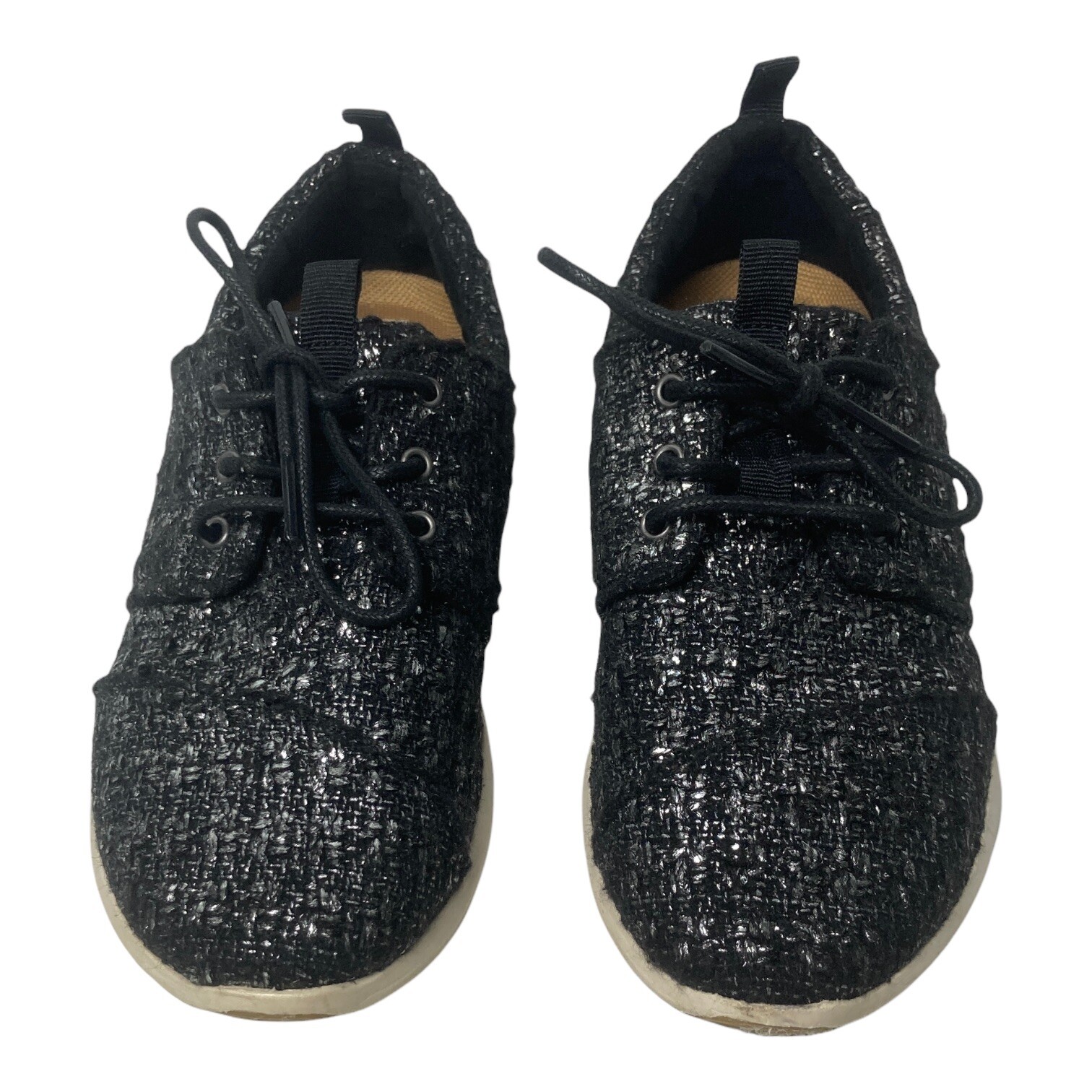 Toms Del Rey Women Size 6.5 EU 37 Textured Fabric Black Silver Lace Up Sneakers