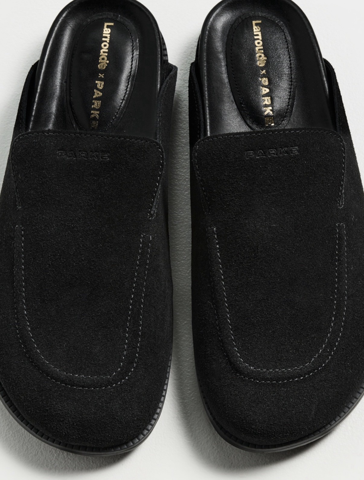 Larroude x Parke Black Suede Clogs