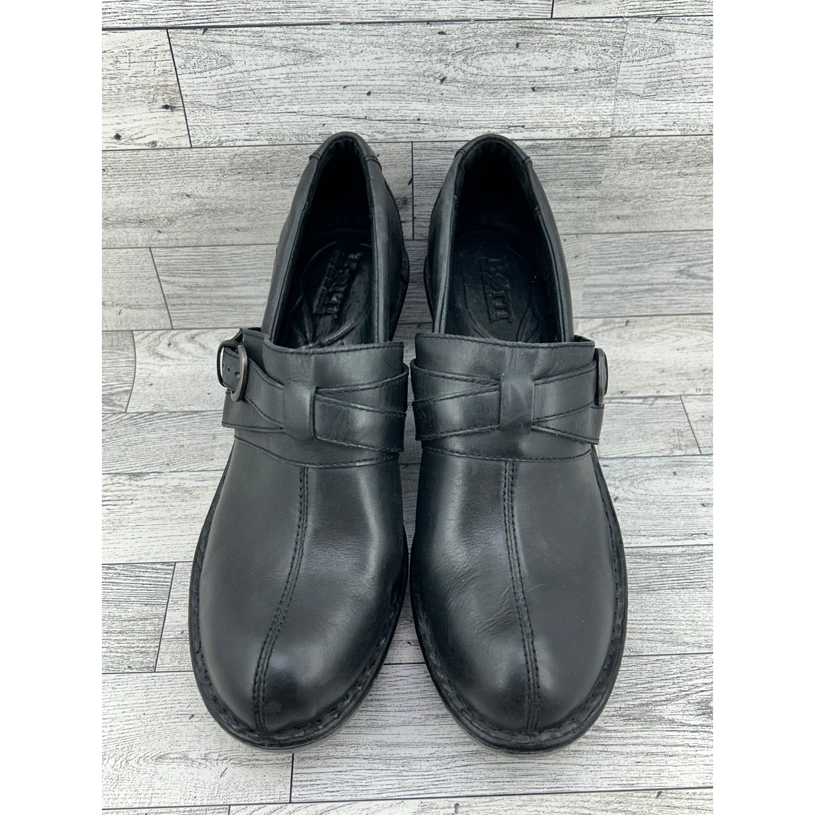 Born Black Leather Wedge Clogs Buckle Platform Mules D84903 Women Sz 8.5M