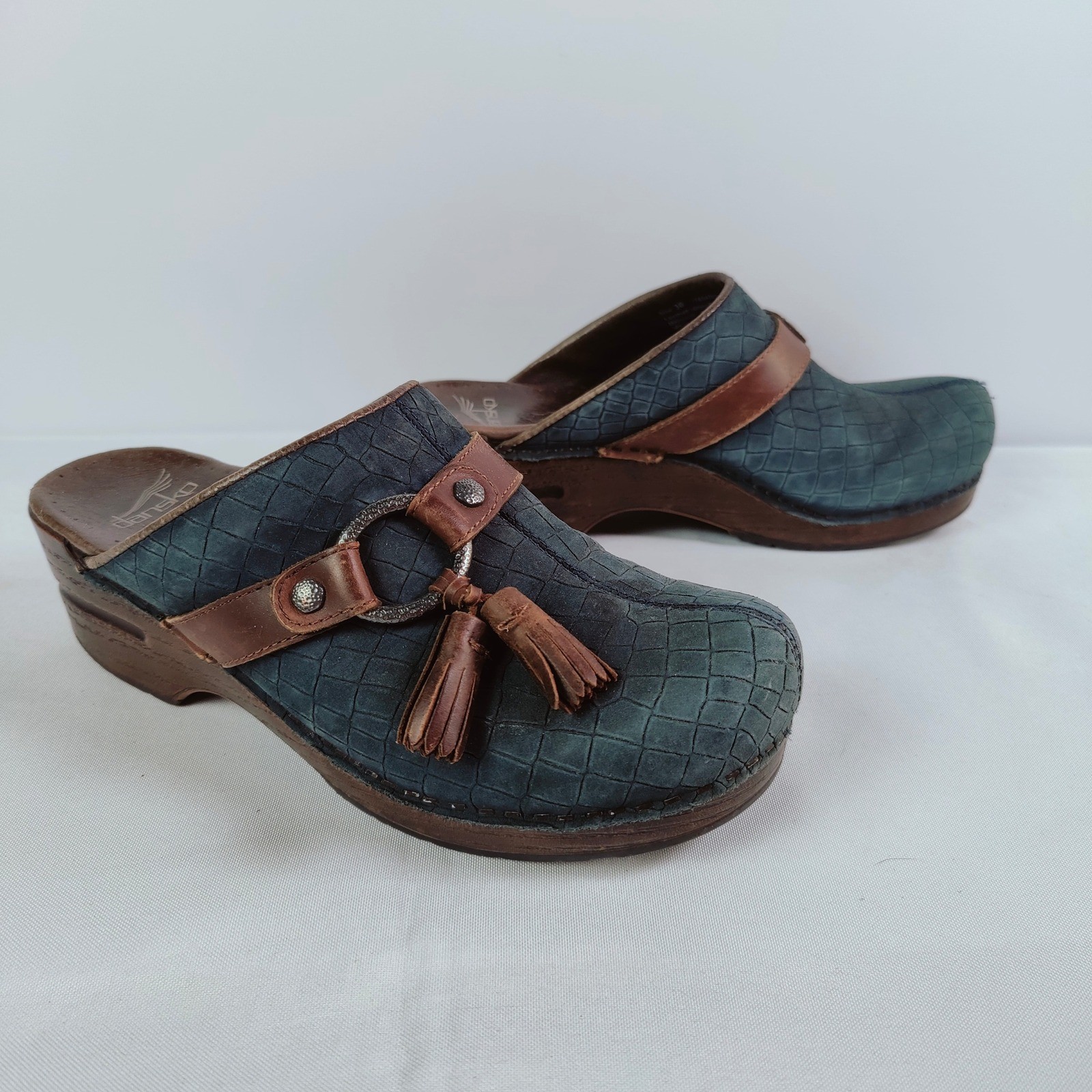 Dansko Shandi Clogs Navy Blue Faux Snakeskin Leather Tassel Boho Shoes 38