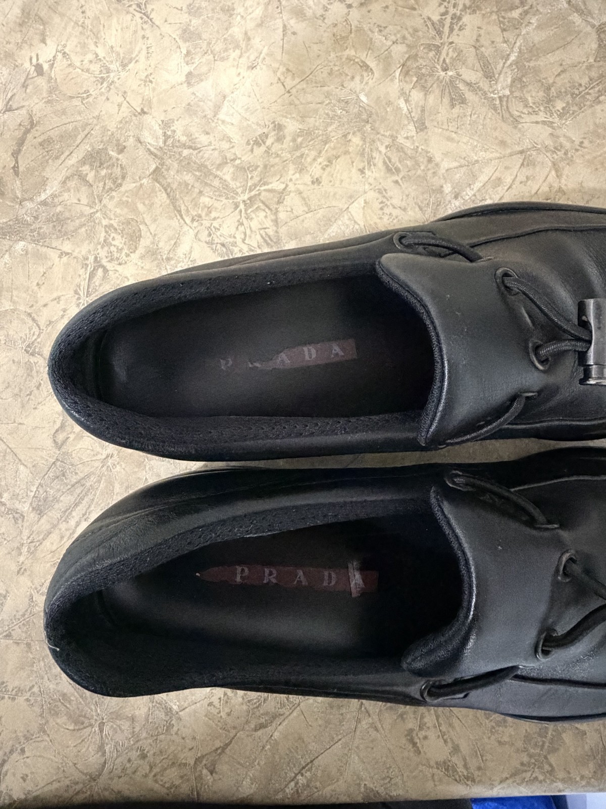 Prada Black Leather Drawstring Toggle Loafers Size 37.5 (US 7) Slip-On Moccasin