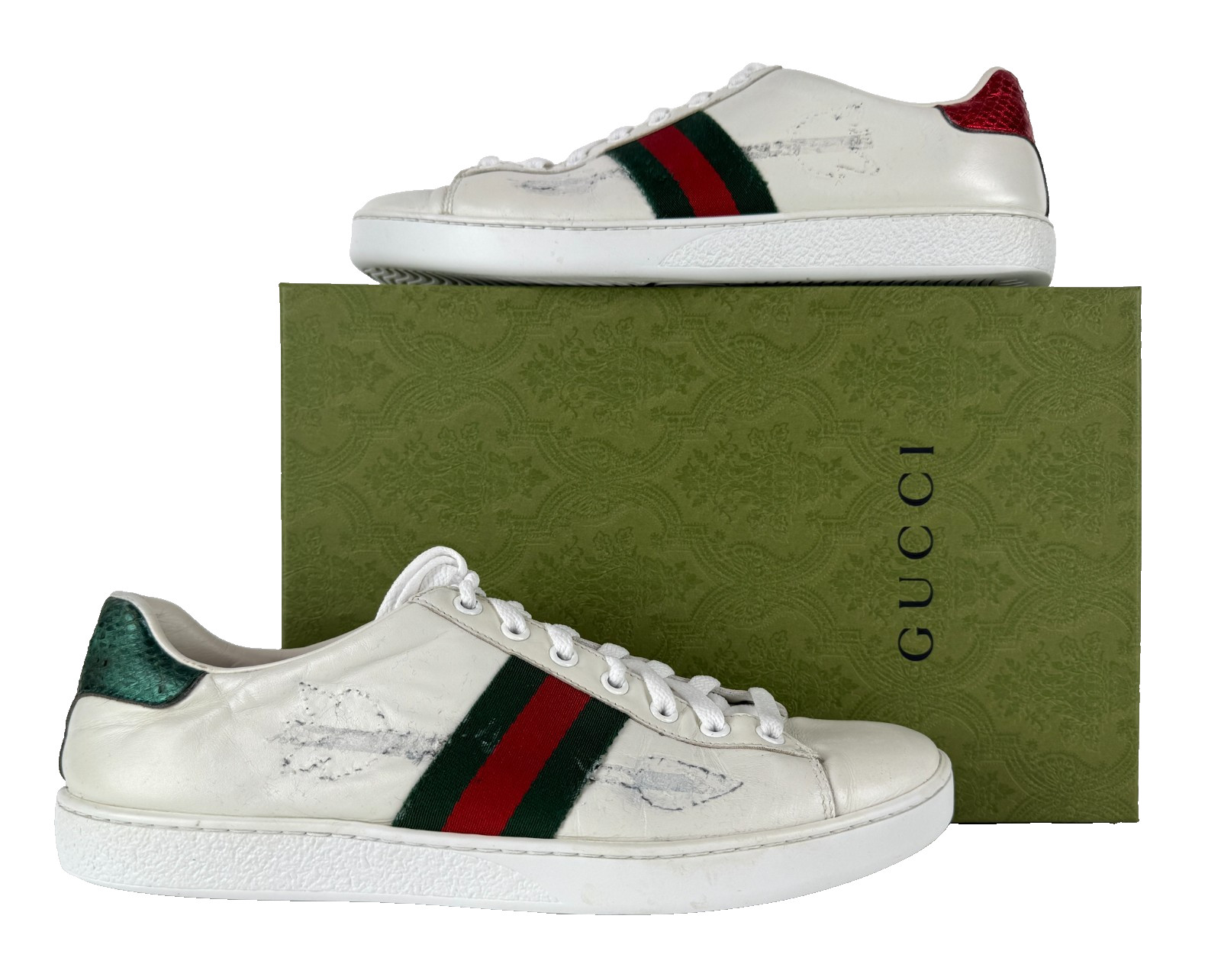 Gucci Wmn Auth Ace No Arrow White Leather Web Sneakers 9.5 US 39.5 EU Shoes Box