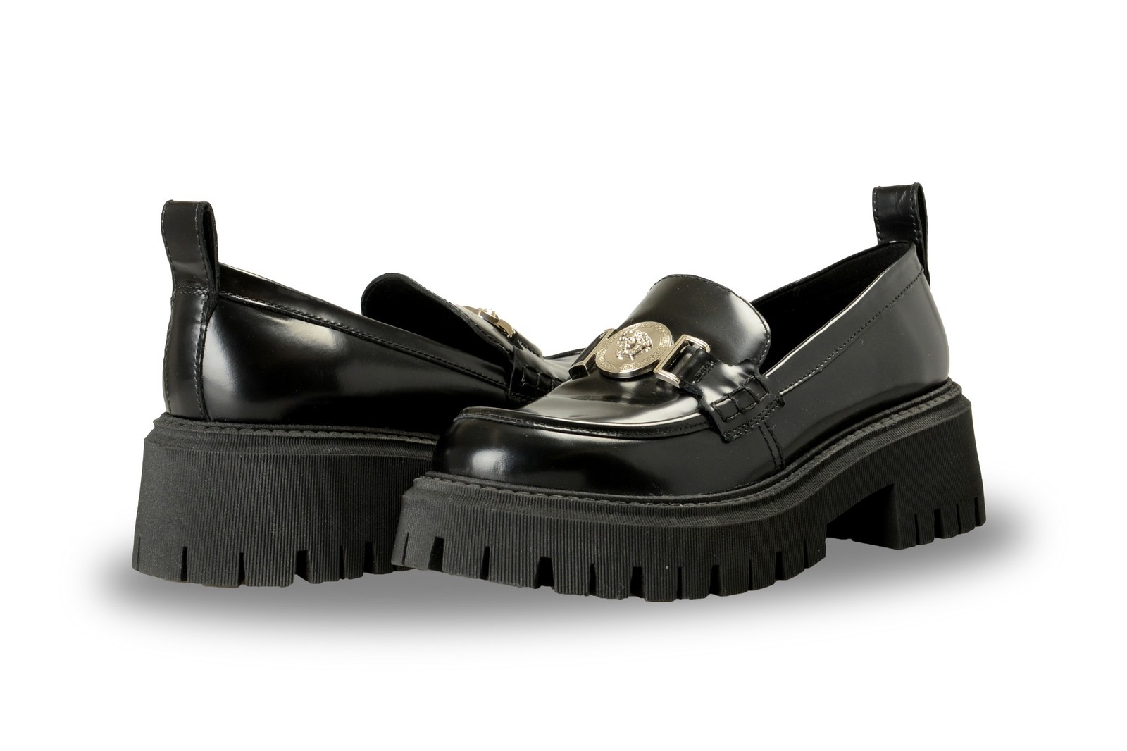 Versace Women’s Black 100% Leather Silver Medusa Head Loafers Shoes US 8 IT 38