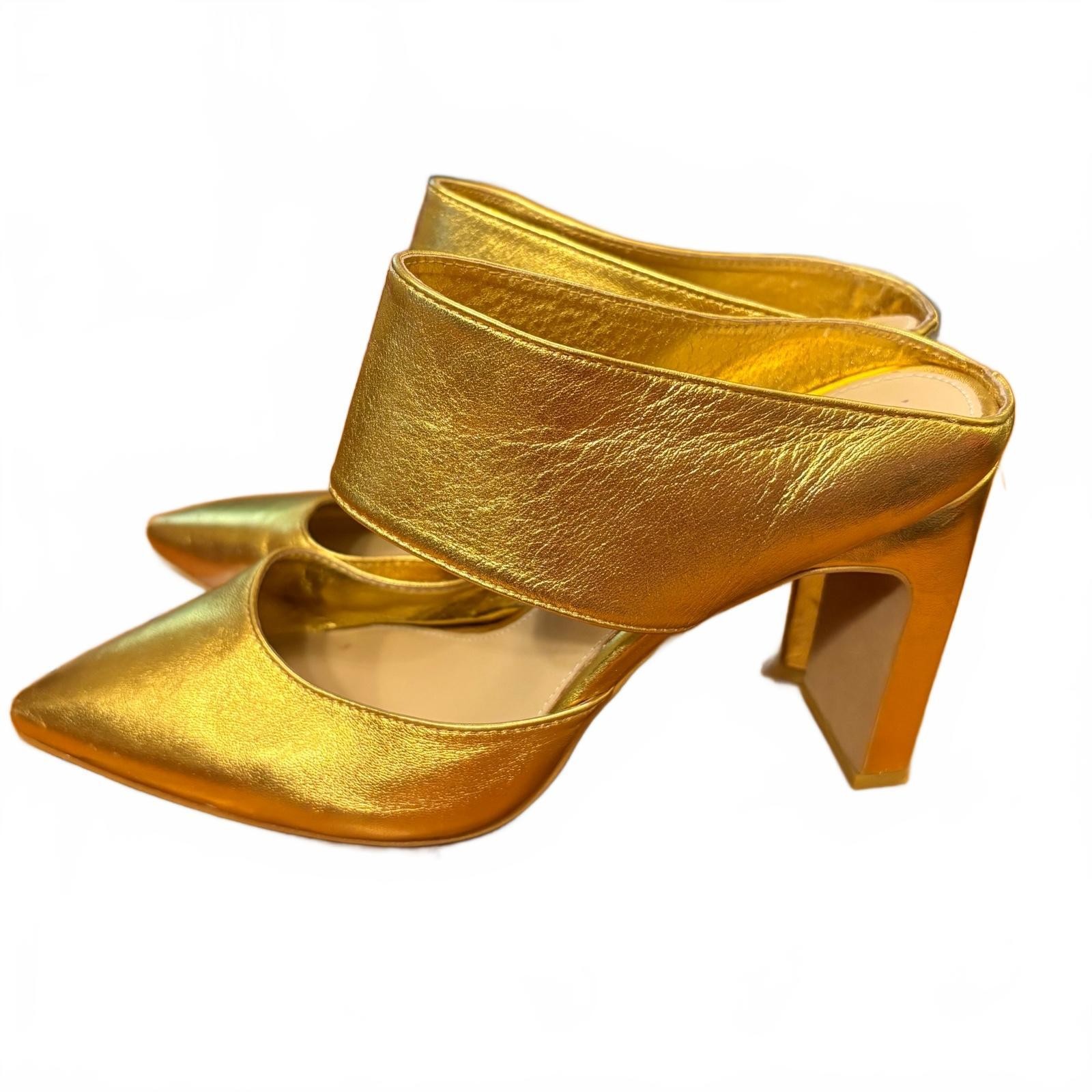Wittner Heston Gold Leather Pointed Toe Block Heel Mules Size 39 Glam Formal