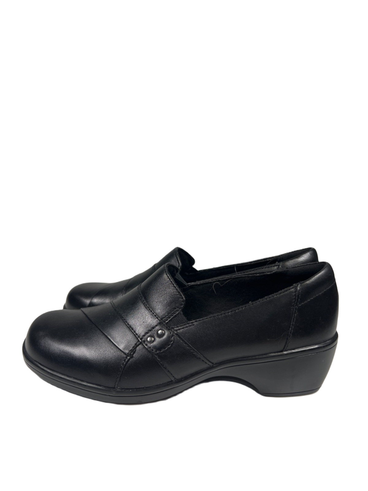 Clarks Collection Women’s Black Leather May Marigold Slide On Shoes – 7