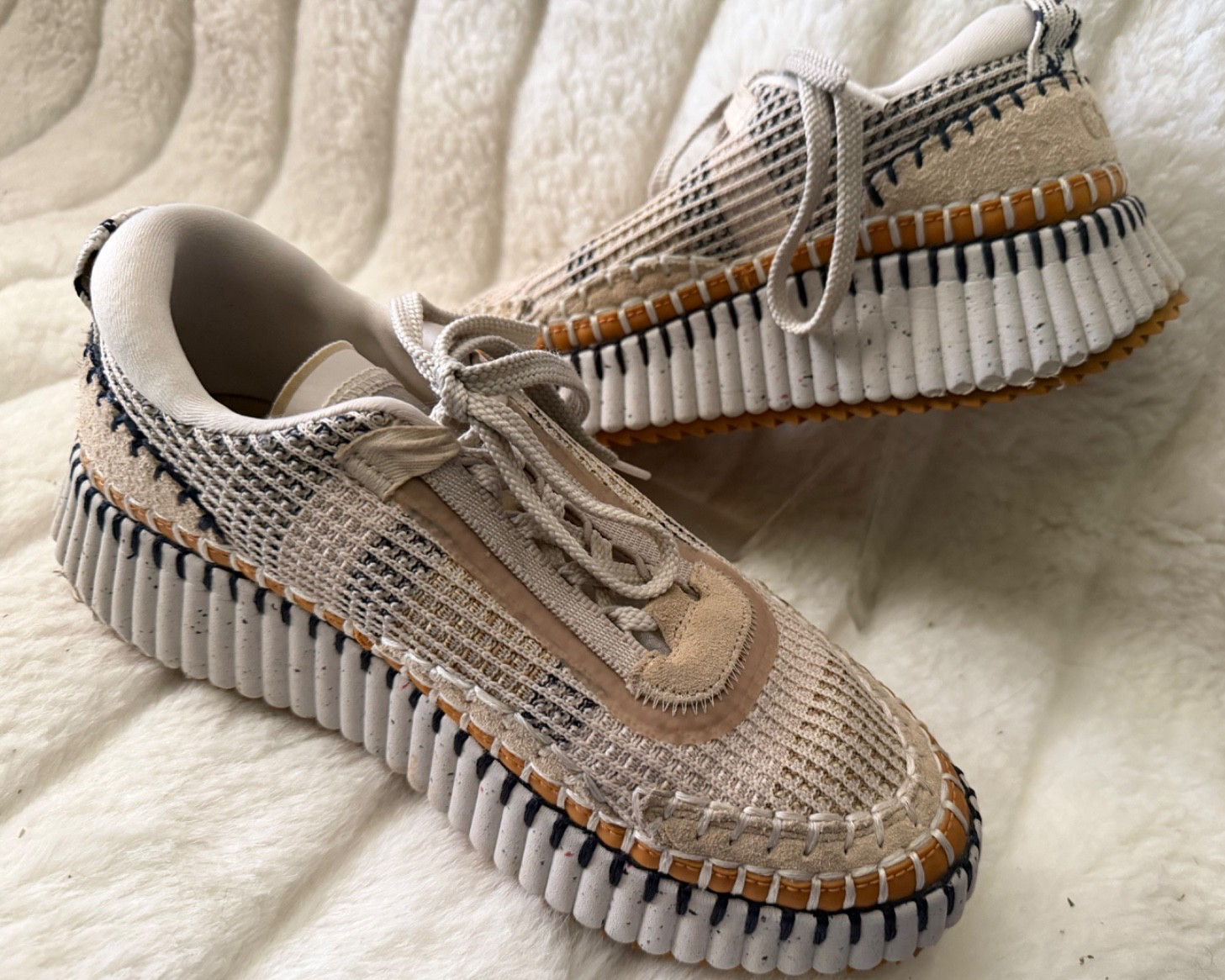 Chloé Nama Whipstitch Platform Sneakers SIZE 9 (39EU) Beige/Brown/ White/Black