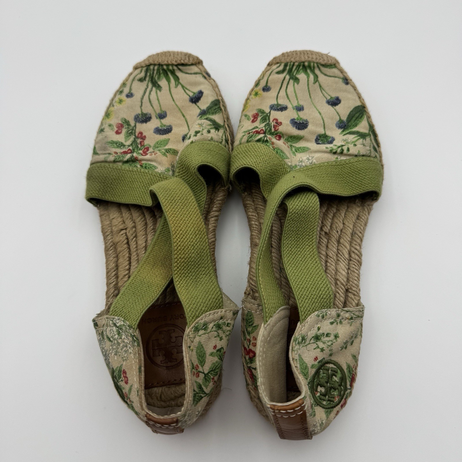 Tory Burch Catalina Floral Botanical Espadrilles Canvas Elastic Sz 8 1/2 Flaws