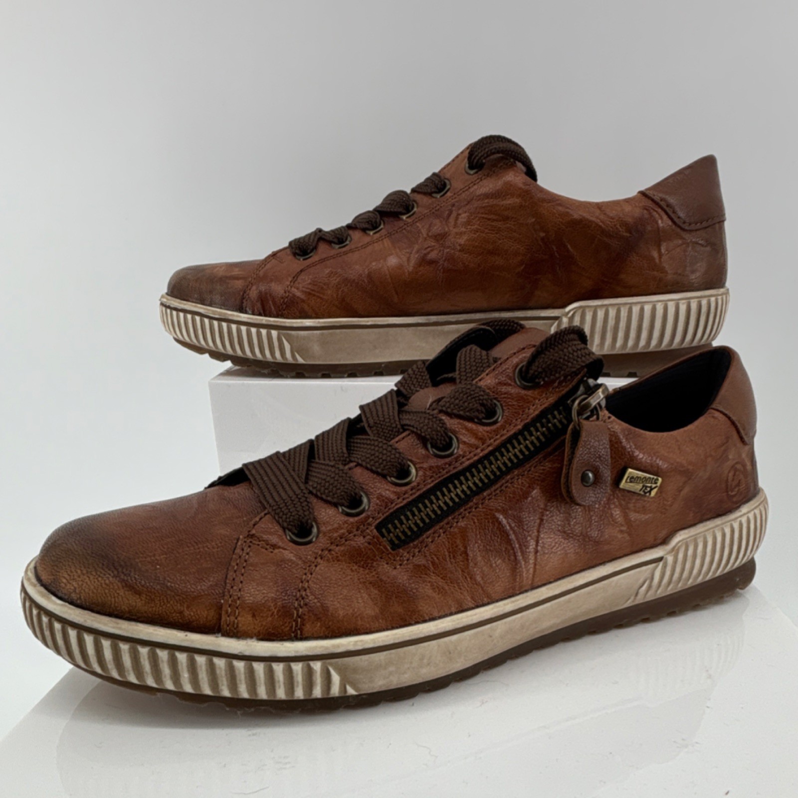 Remonte Brown Leather Lace-Up Sneakers Zipper Logo Women US 9.5 EU 41 Comfort