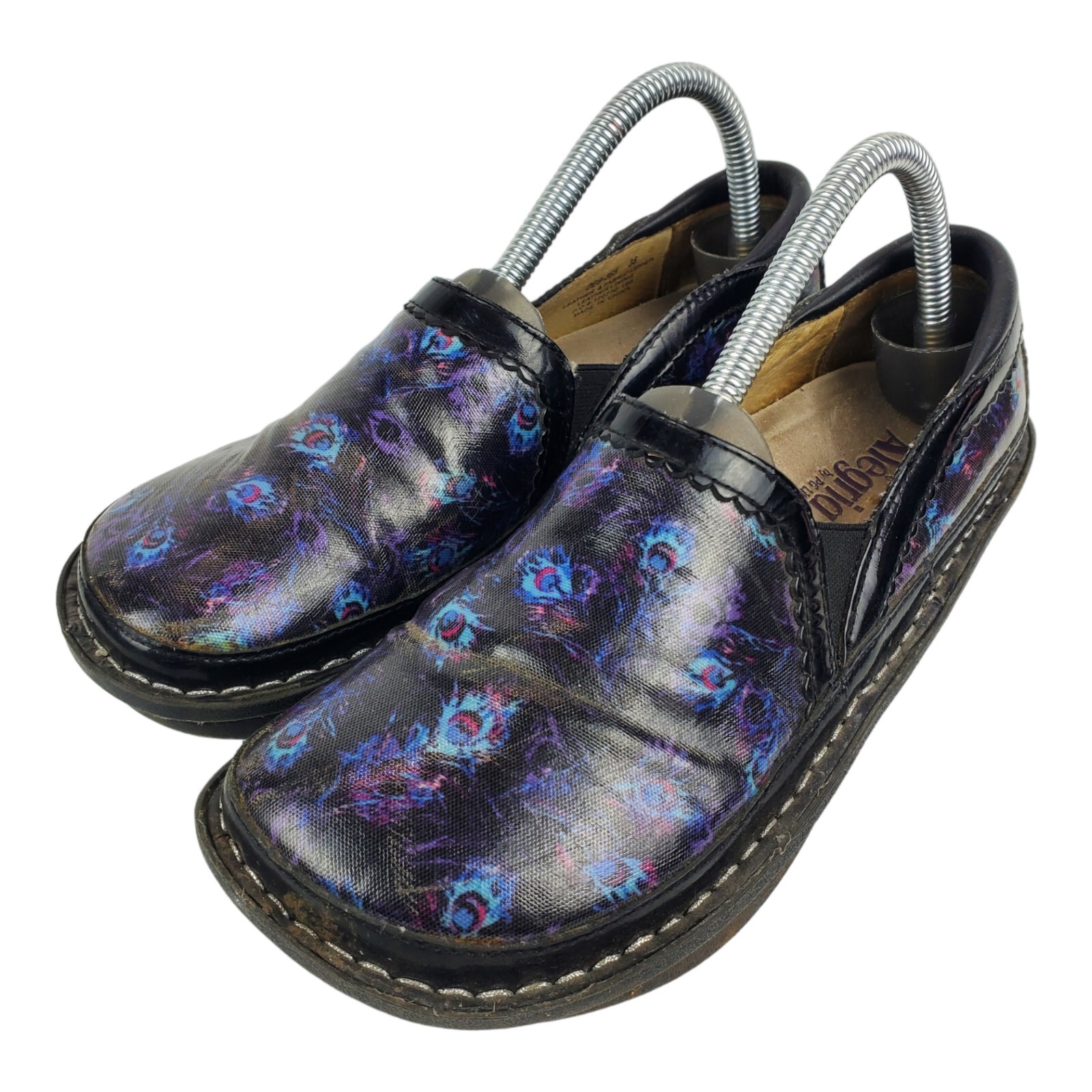 ALEGRIA Shoes Womens 38 US 7 Black Peacock Animal Print Nursing Clogs DEB-365