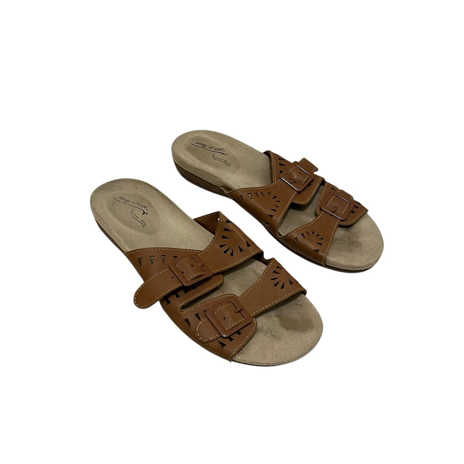 Easy Street Comfort Wave Venus Brown Double Buckle Strap Slip On Sandals Sz 6.5M