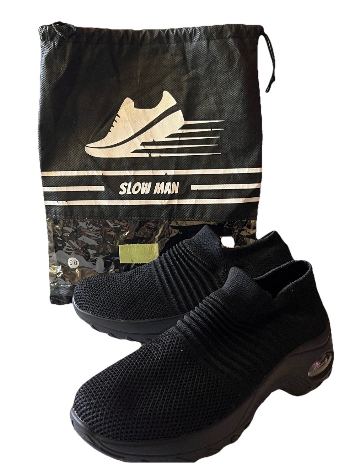 Slow Man Women’s Walking Shoes Sock Sneakers US 8.5 Slip On Air Cushion Dust Bag