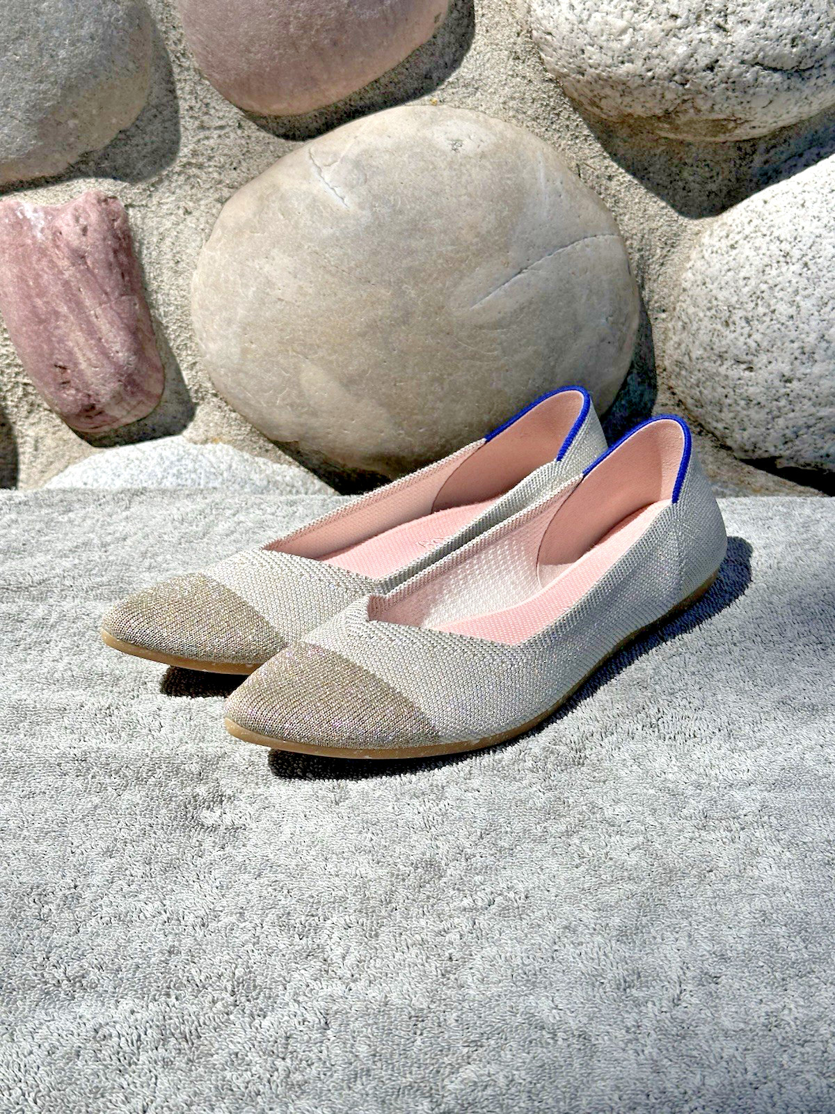 Rothy’s The Point Sz 10 Diamond Metallic Beige Silver Gold Pointed Ballet Flats