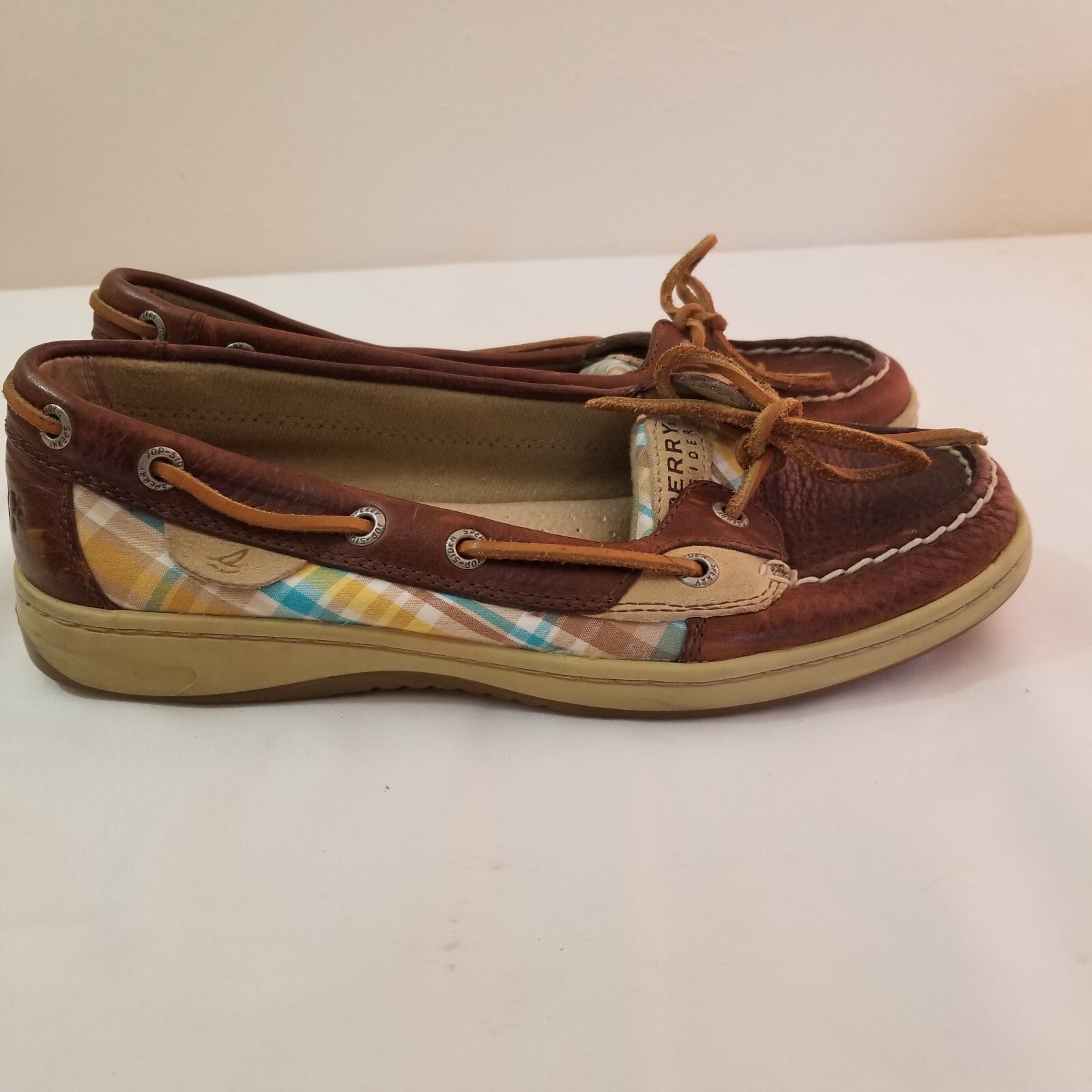 SPERRY Women Top Sider Boat Shoes One Eyelet Plaid Cloth Brown Leather Sz7M