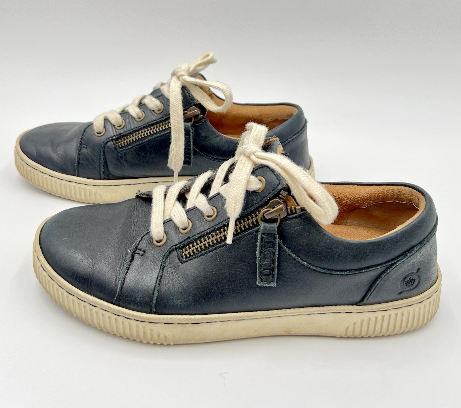 Born Crown Paloma Navy Blue Leather Dual Side Zip Sneakers Comfort Shoes 7/8