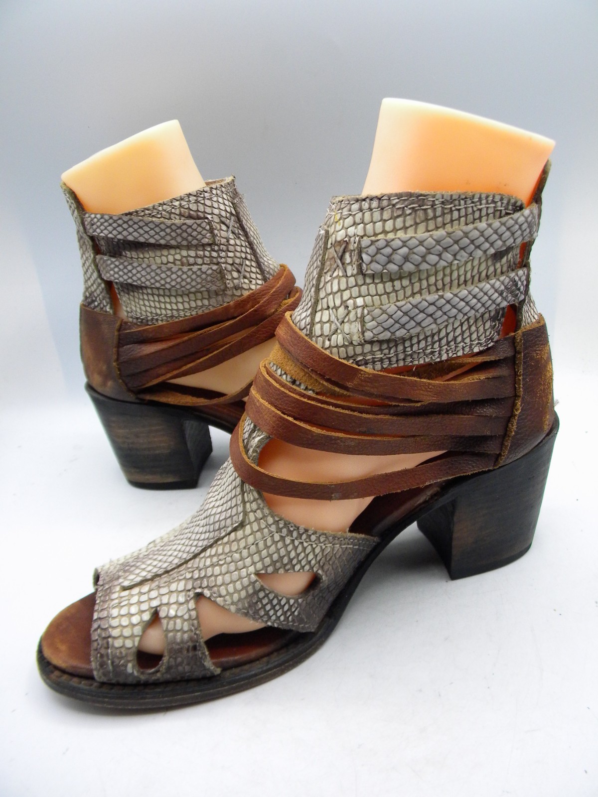 FREEBIRD by Steven Nest Snake Print & Brown Leather Block Heel Sandal Sz 9